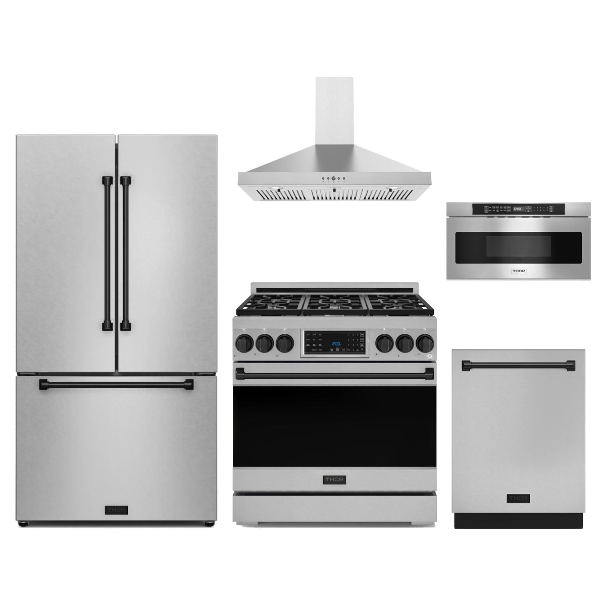 Gordon Ramsay by Thor Kitchen 5-Piece Appliance Package - 36-Inch Propane Gas Range with Tilt Panel, Counter-Depth Refrigerator, Wall Mount Hood, Dishwasher, & Microwave Drawer in Stainless Steel with Black Trim