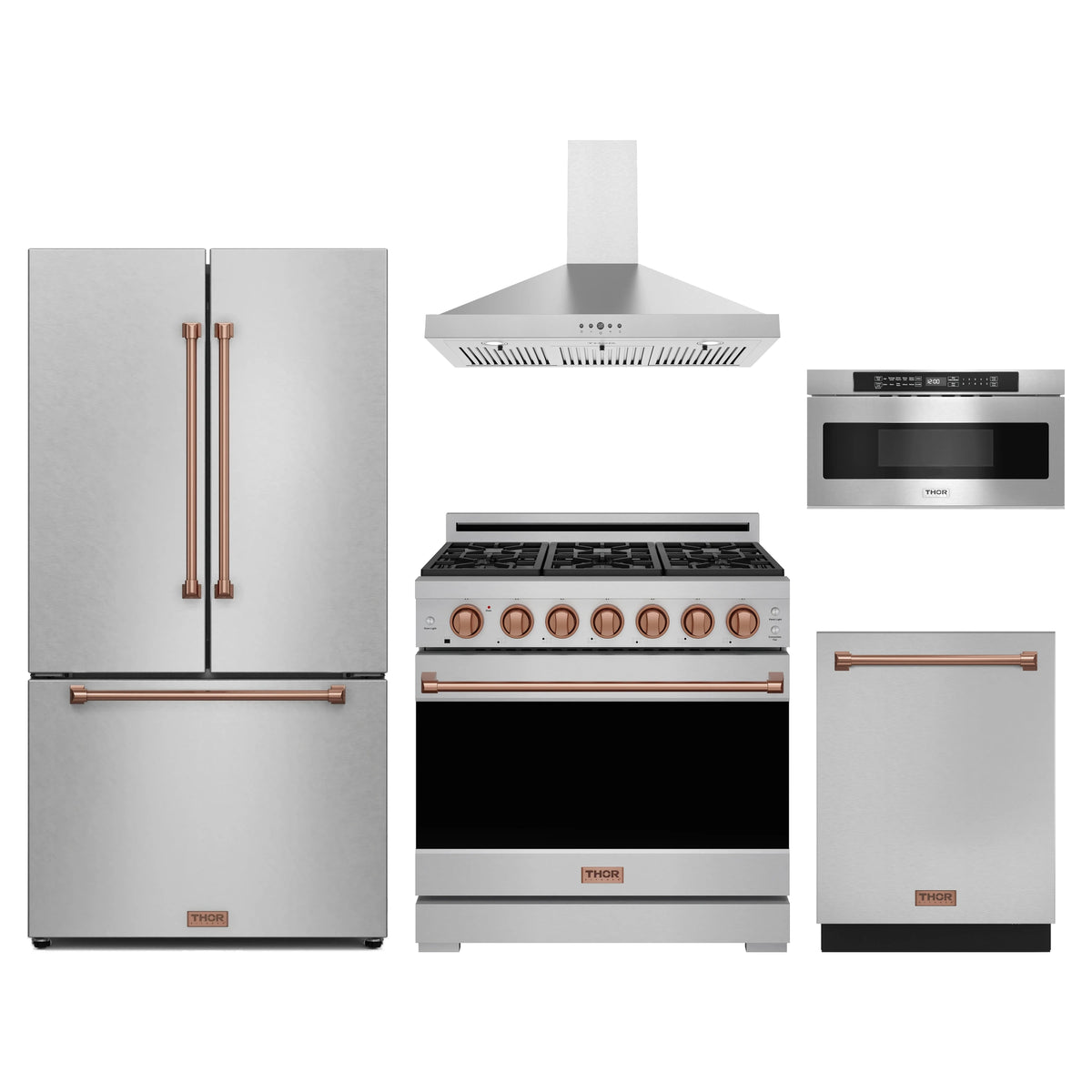 Gordon Ramsay by Thor Kitchen 5-Piece Appliance Package - 36-Inch Natural Gas Range, Counter-Depth Refrigerator, Wall Mount Hood, Dishwasher, & Microwave Drawer in Stainless Steel with Rose Gold Trim