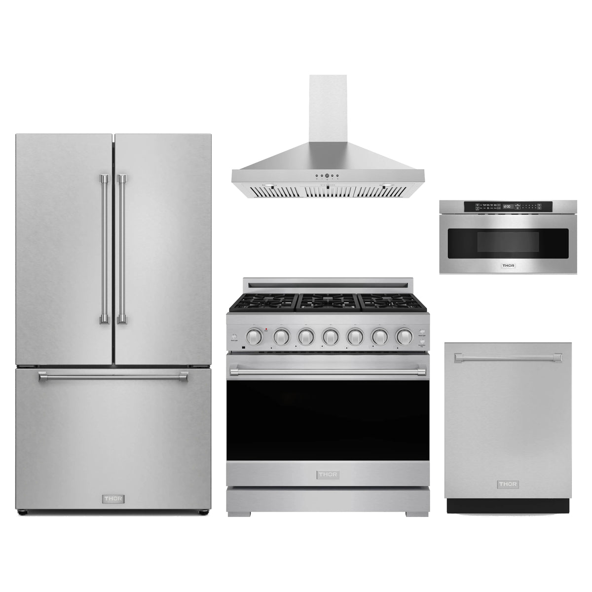 Gordon Ramsay by Thor Kitchen 5-Piece Appliance Package - 36-Inch Natural Gas Range, Counter-Depth Refrigerator, Wall Mount Hood, Dishwasher, & Microwave Drawer in Stainless Steel