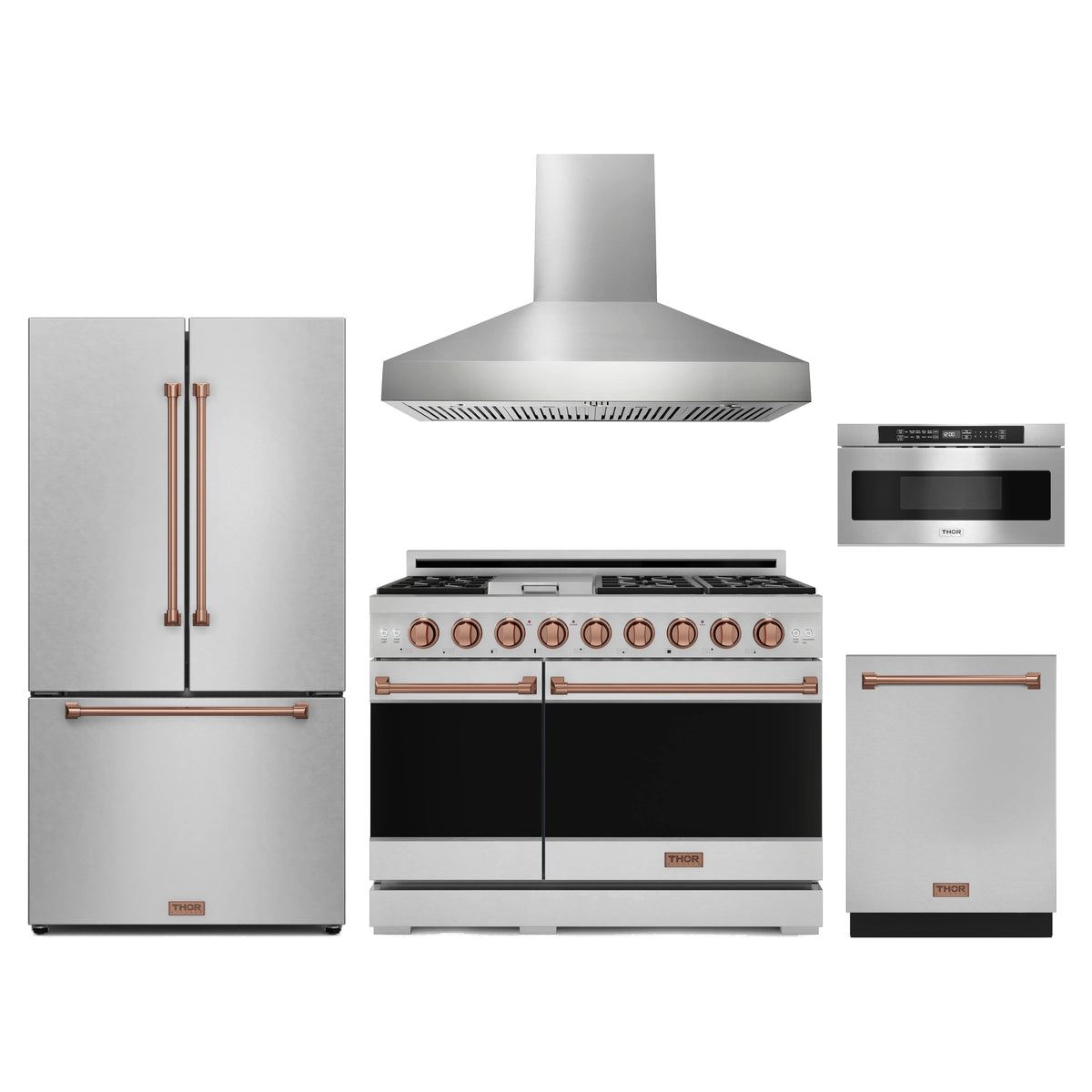 Gordon Ramsay by Thor Kitchen 5-Piece Appliance Package - 48-Inch Propane Gas Range, Counter-Depth Refrigerator, Wall Mount Hood, Dishwasher, & Microwave Drawer in Stainless Steel with Rose Gold Trim
