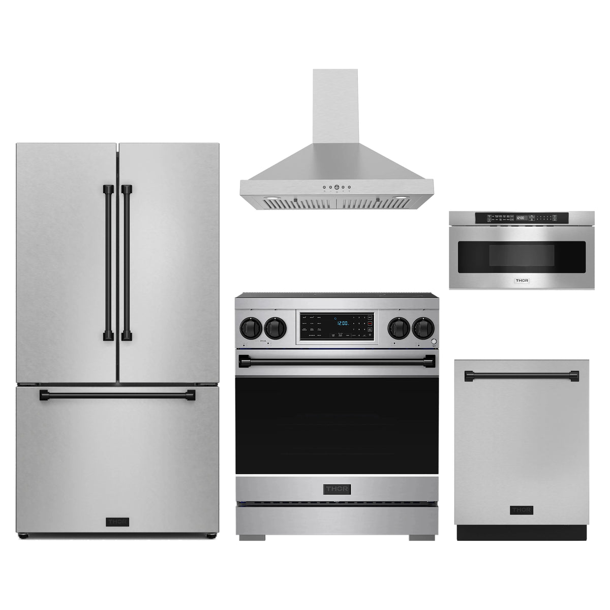 Gordon Ramsay by Thor Kitchen 5-Piece Appliance Package - 30-Inch Induction Range, Counter-Depth Refrigerator, Wall Mount Hood, Dishwasher, & Microwave Drawer in Stainless Steel with Black Trim