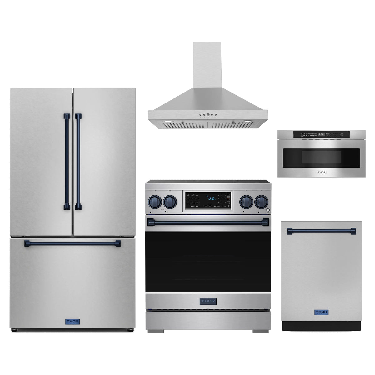 Gordon Ramsay by Thor Kitchen 5-Piece Appliance Package - 30-Inch Induction Range, Counter-Depth Refrigerator, Wall Mount Hood, Dishwasher, & Microwave Drawer in Stainless Steel with Blue Trim