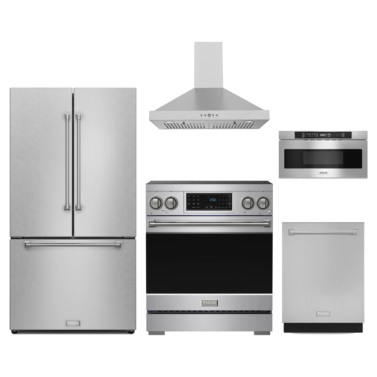 Gordon Ramsay by Thor Kitchen 5-Piece Appliance Package - 30-Inch Induction Range, Counter-Depth Refrigerator, Wall Mount Hood, Dishwasher, & Microwave Drawer in Stainless Steel