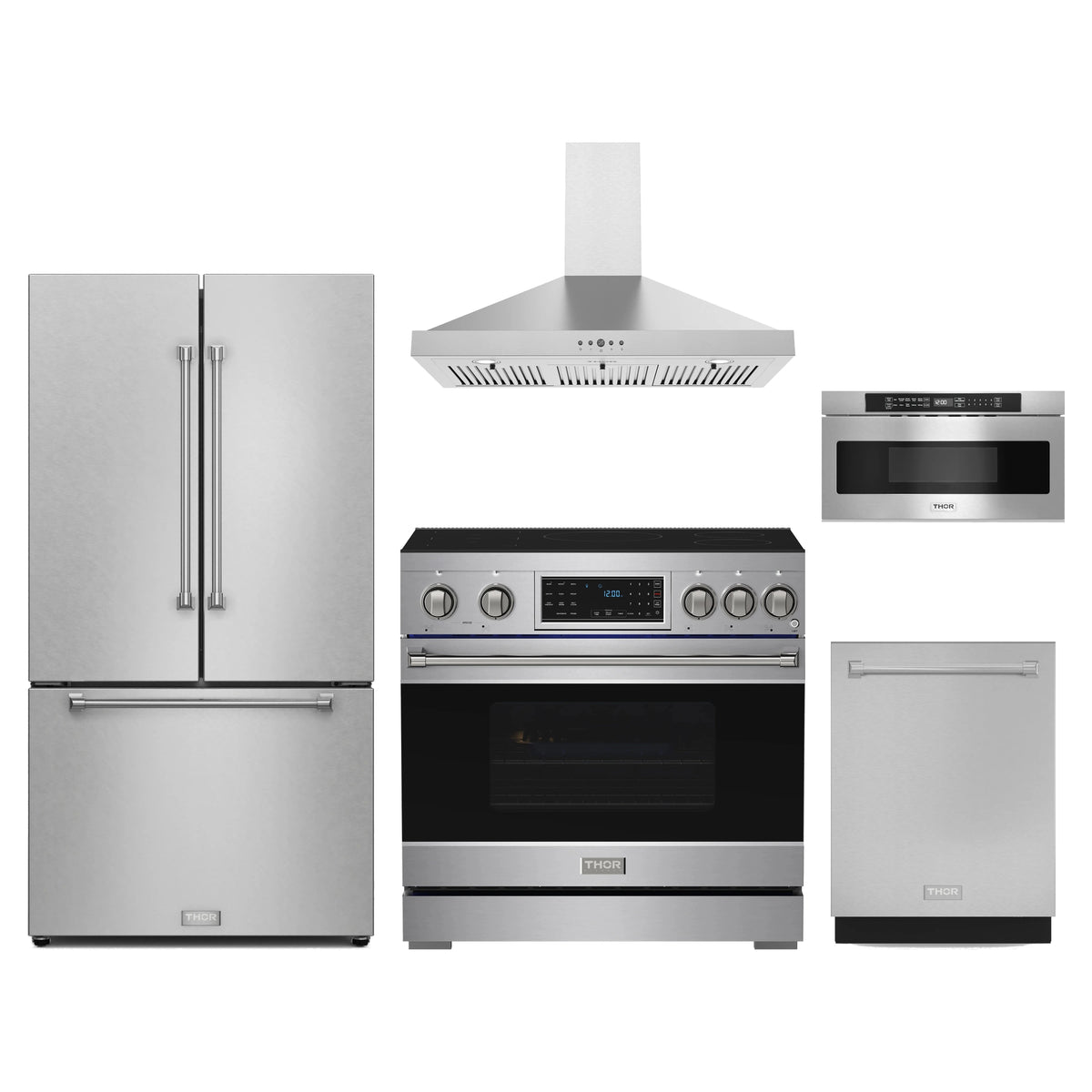 Gordon Ramsay by Thor Kitchen 5-Piece Appliance Package - 36-Inch Induction Range, Counter-Depth Refrigerator, Wall Mount Hood, Dishwasher, & Microwave Drawer in Stainless Steel