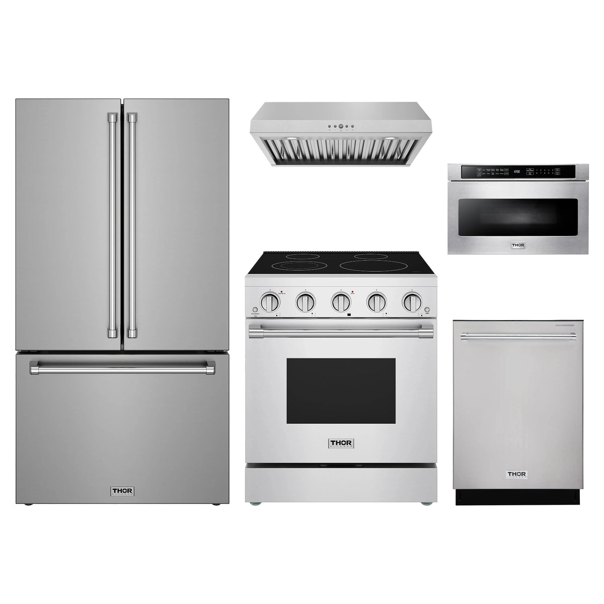 Thor Kitchen 5-Piece Appliance Package - 30-Inch Electric Range, Counter-Depth Refrigerator, Under Cabinet Hood, Dishwasher, & Microwave Drawer in Stainless Steel