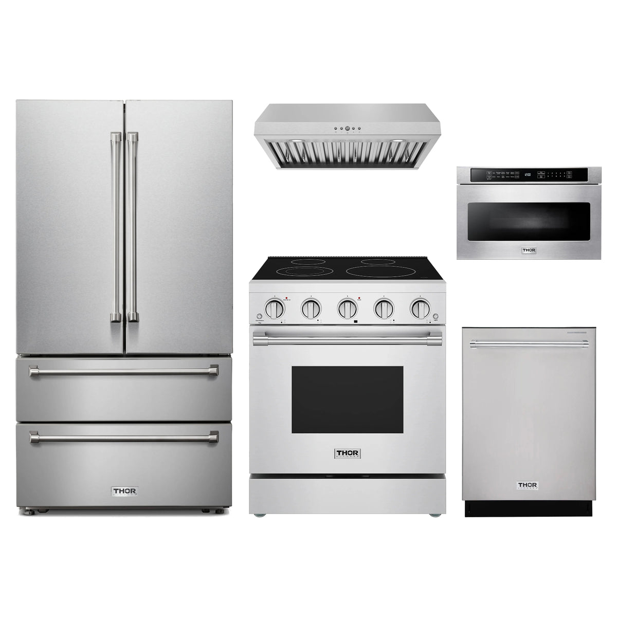 Thor Kitchen 5-Piece Appliance Package - 30-Inch Electric Range, French Door Refrigerator, Under Cabinet Hood, Dishwasher, & Microwave Drawer in Stainless Steel