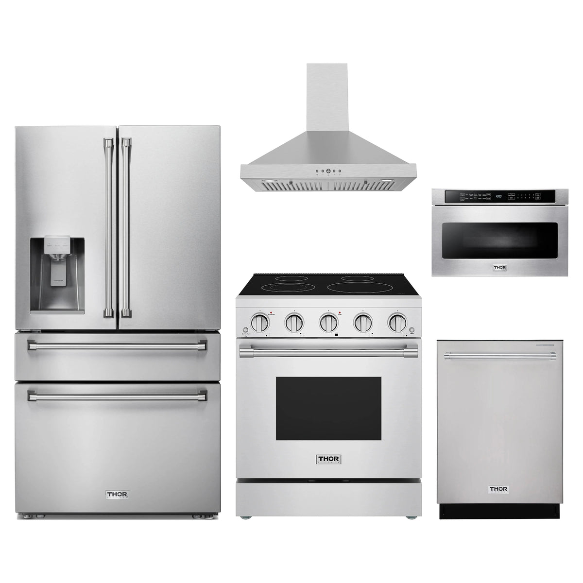 Thor Kitchen 5-Piece Appliance Package - 30-Inch Electric Range, Refrigerator with Water Dispenser, Wall Mount Hood, Dishwasher, & Microwave Drawer in Stainless Steel
