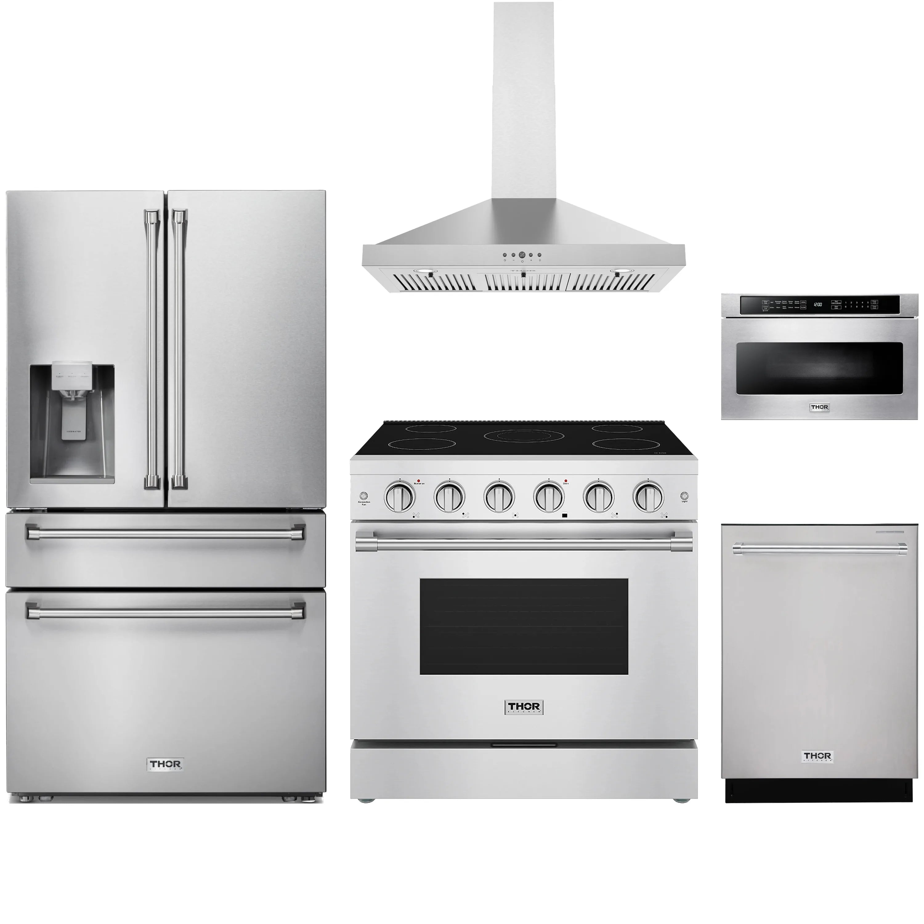 Stainless steel 5-piece appliance set: range, hood, fridge, dishwasher, microwave drawer