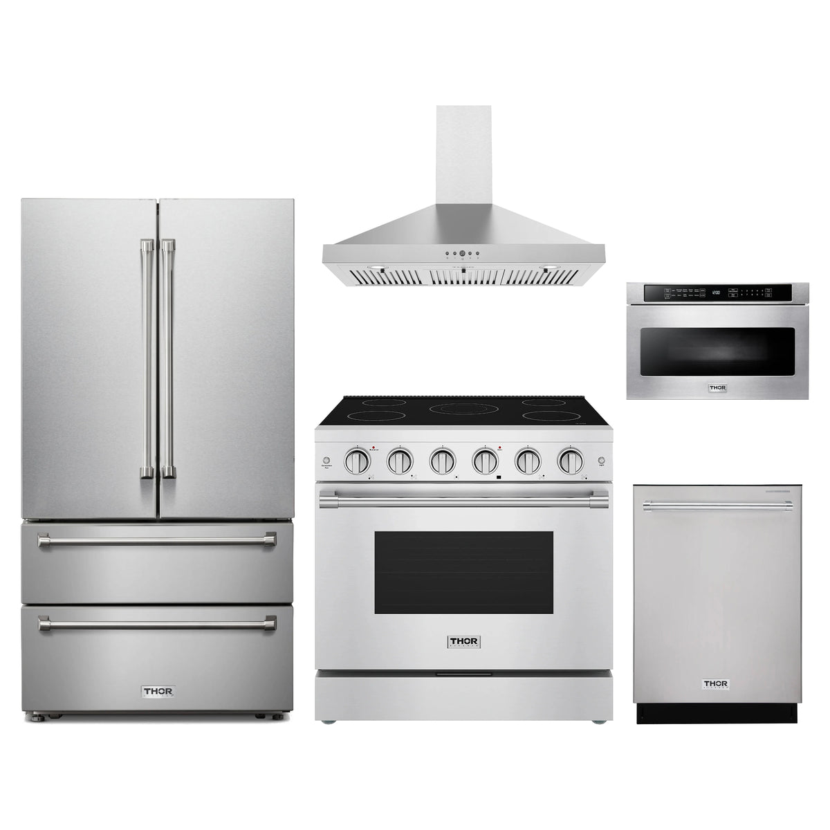 Thor Kitchen 5-Piece Appliance Package - 36-Inch Electric Range, French Door Refrigerator, Wall Mount Hood, Dishwasher, & Microwave Drawer in Stainless Steel
