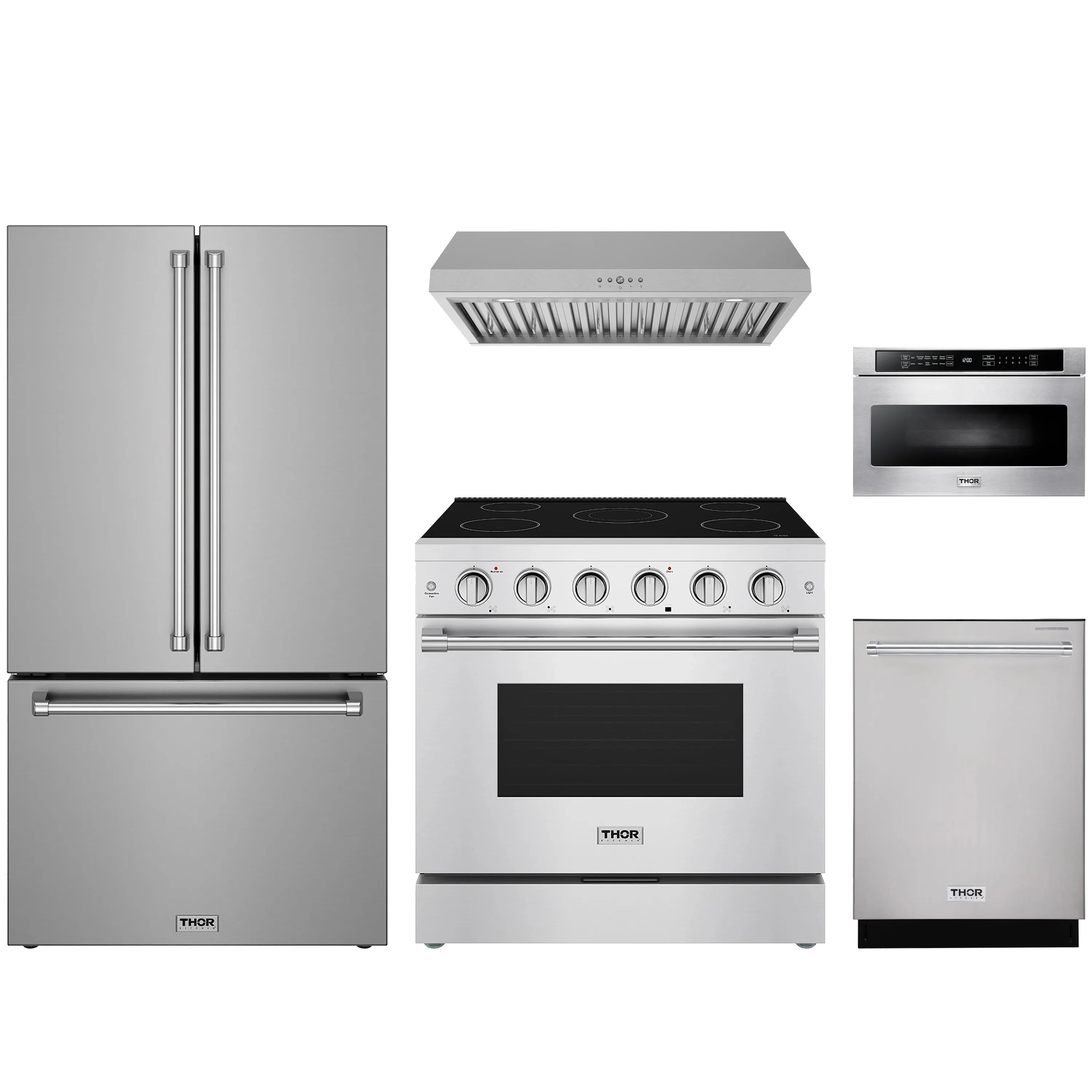 Stainless steel 5-piece appliance set: range, fridge, hood, dishwasher, microwave