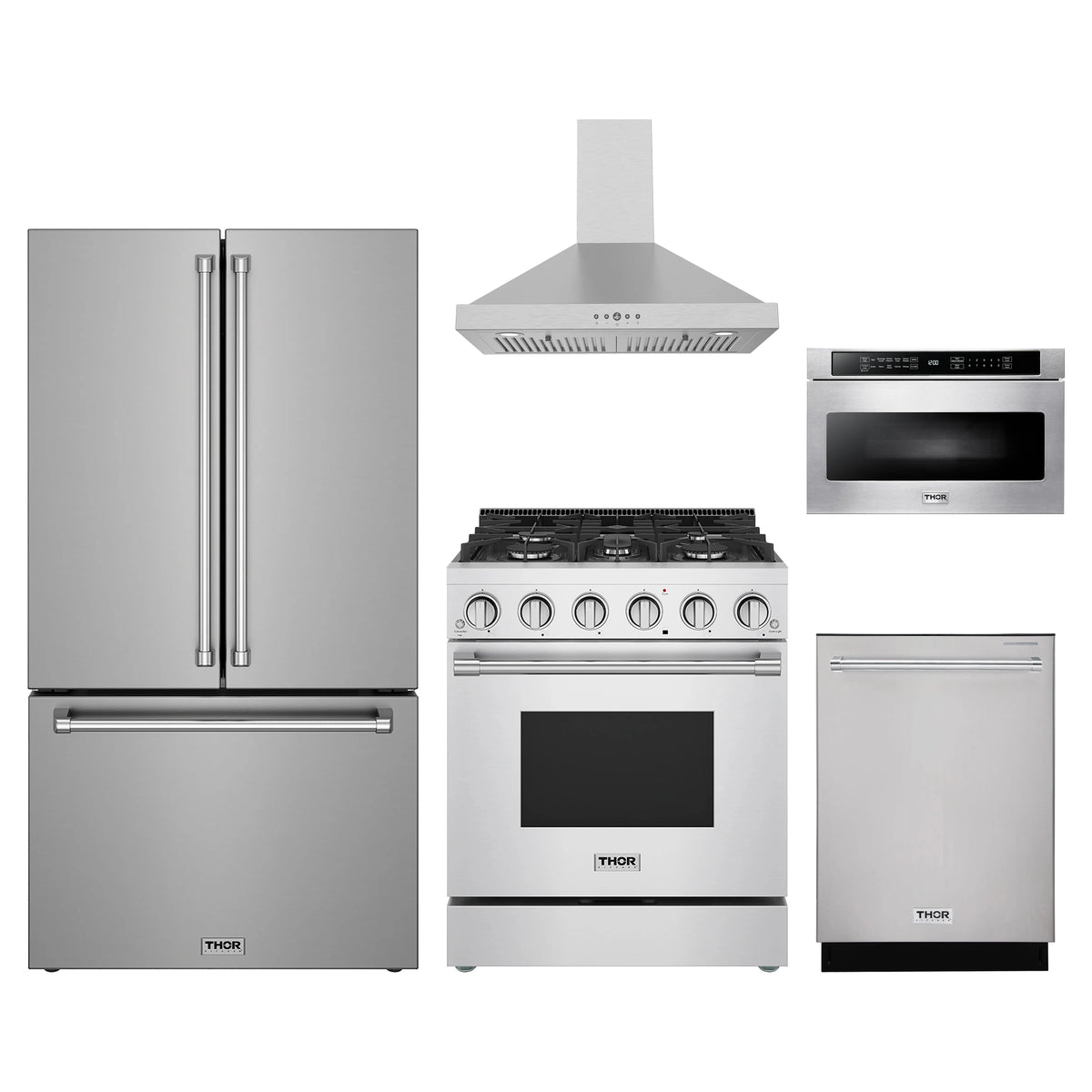 Thor Kitchen 5-Piece Appliance Package - 30-Inch Natural Gas Range, Counter-Depth Refrigerator, Wall Mount Hood, Dishwasher, & Microwave Drawer in Stainless Steel