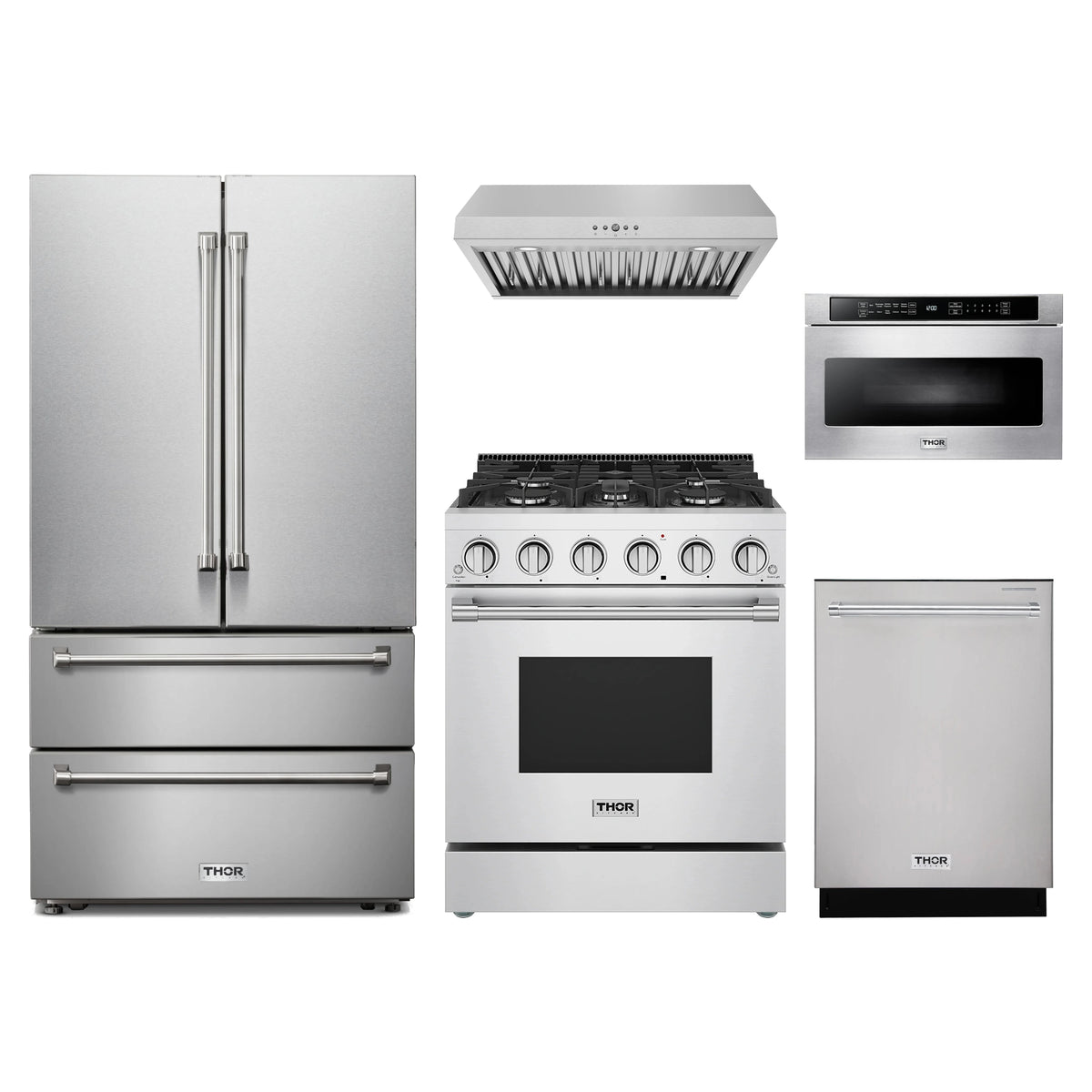 Thor Kitchen 5-Piece Appliance Package - 30-Inch Propane Gas Range, French Door Refrigerator, Under Cabinet Hood, Dishwasher, & Microwave Drawer in Stainless Steel
