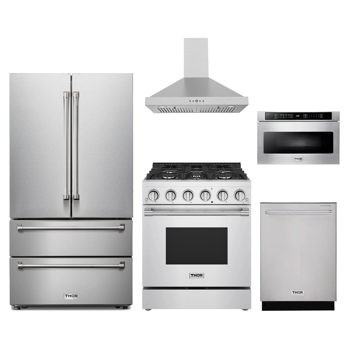 Thor Kitchen 5-Piece Appliance Package - 30-Inch Propane Gas Range, French Door Refrigerator, Wall Mount Hood, Dishwasher, & Microwave Drawer in Stainless Steel