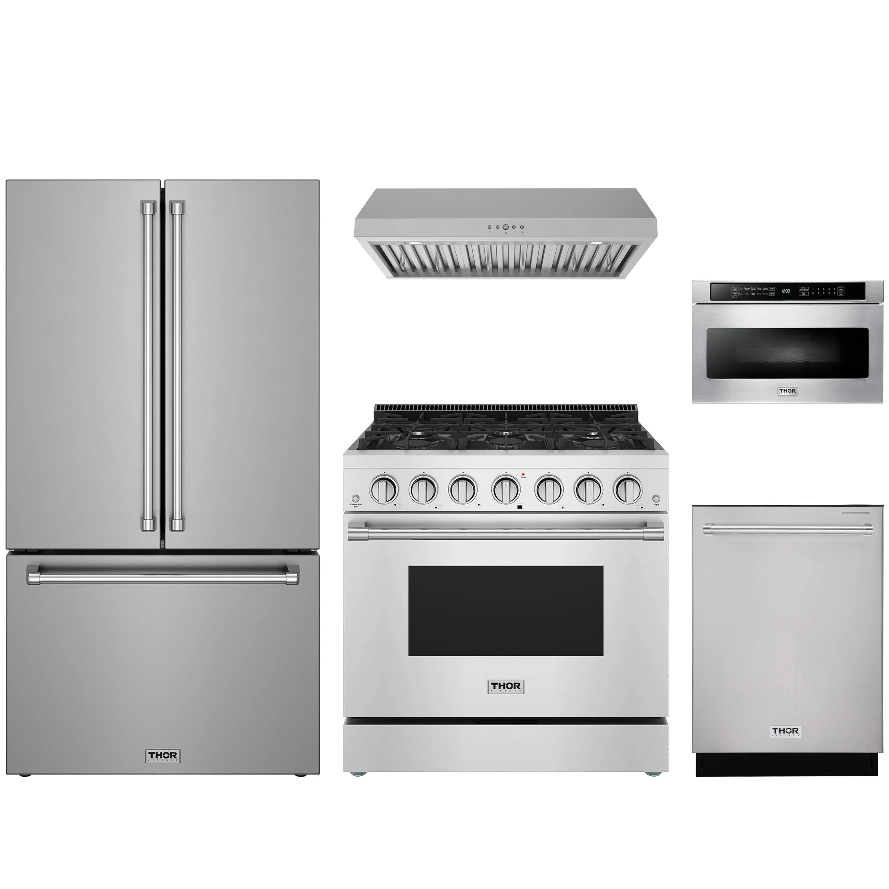 Stainless steel appliance set: refrigerator, gas range, hood, microwave drawer, dishwasher