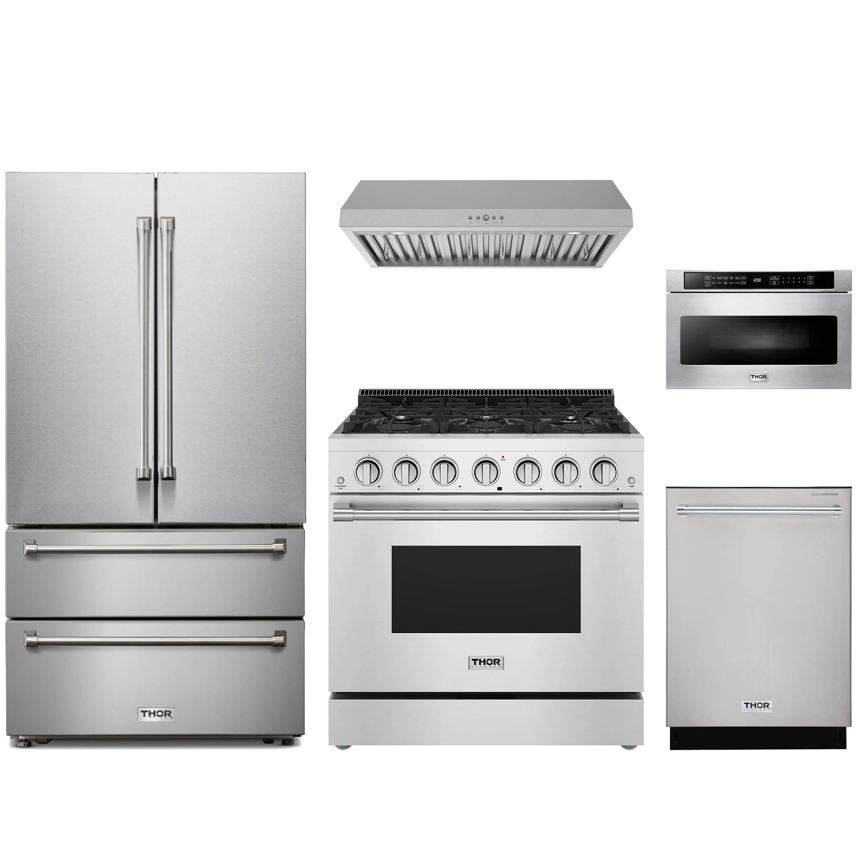 Stainless steel appliance package featuring refrigerator, range, hood, and dishwasher
