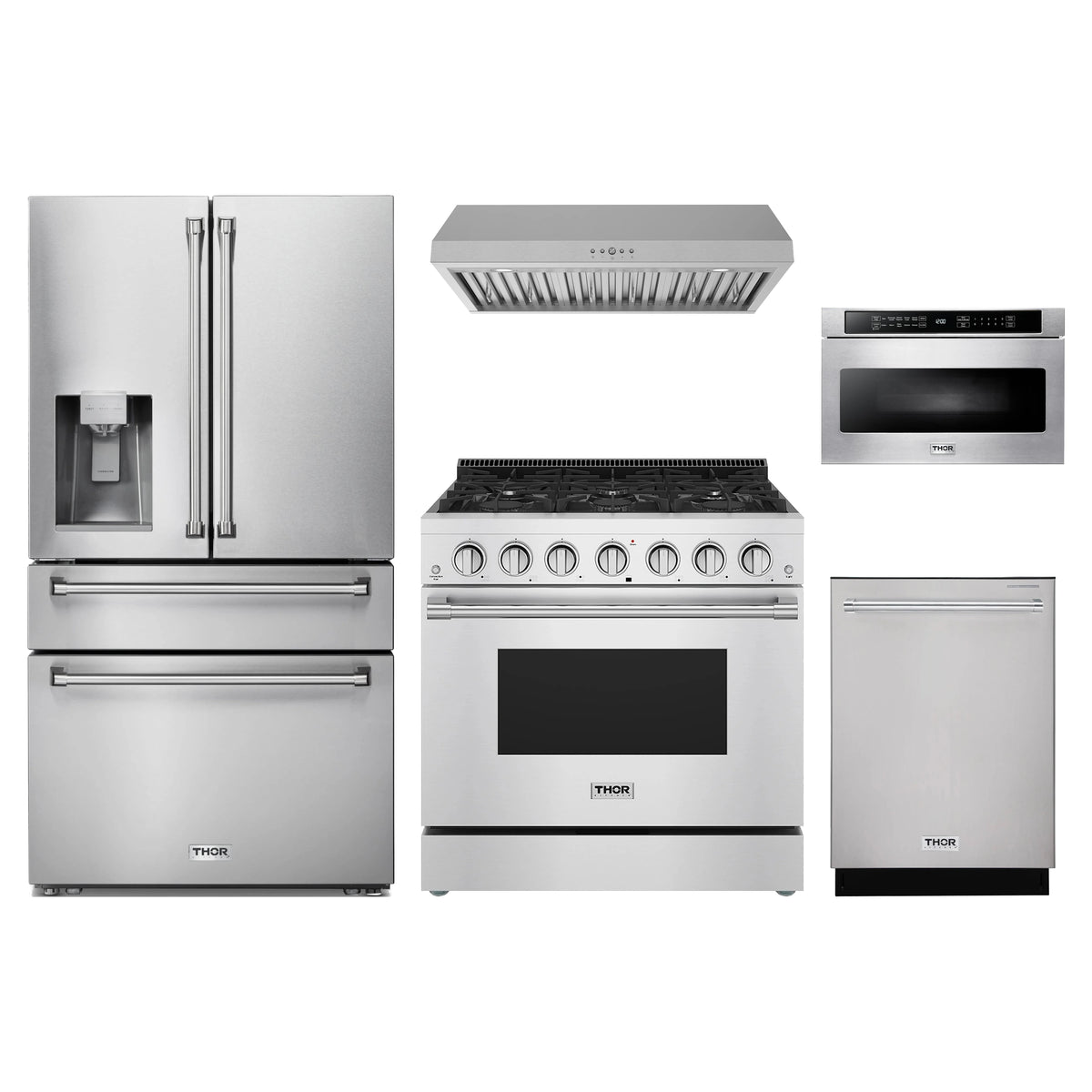 Thor Kitchen 5-Piece Appliance Package - 36-Inch Propane Gas Range, Refrigerator with Water Dispenser, Under Cabinet Hood, Dishwasher, & Microwave Drawer in Stainless Steel