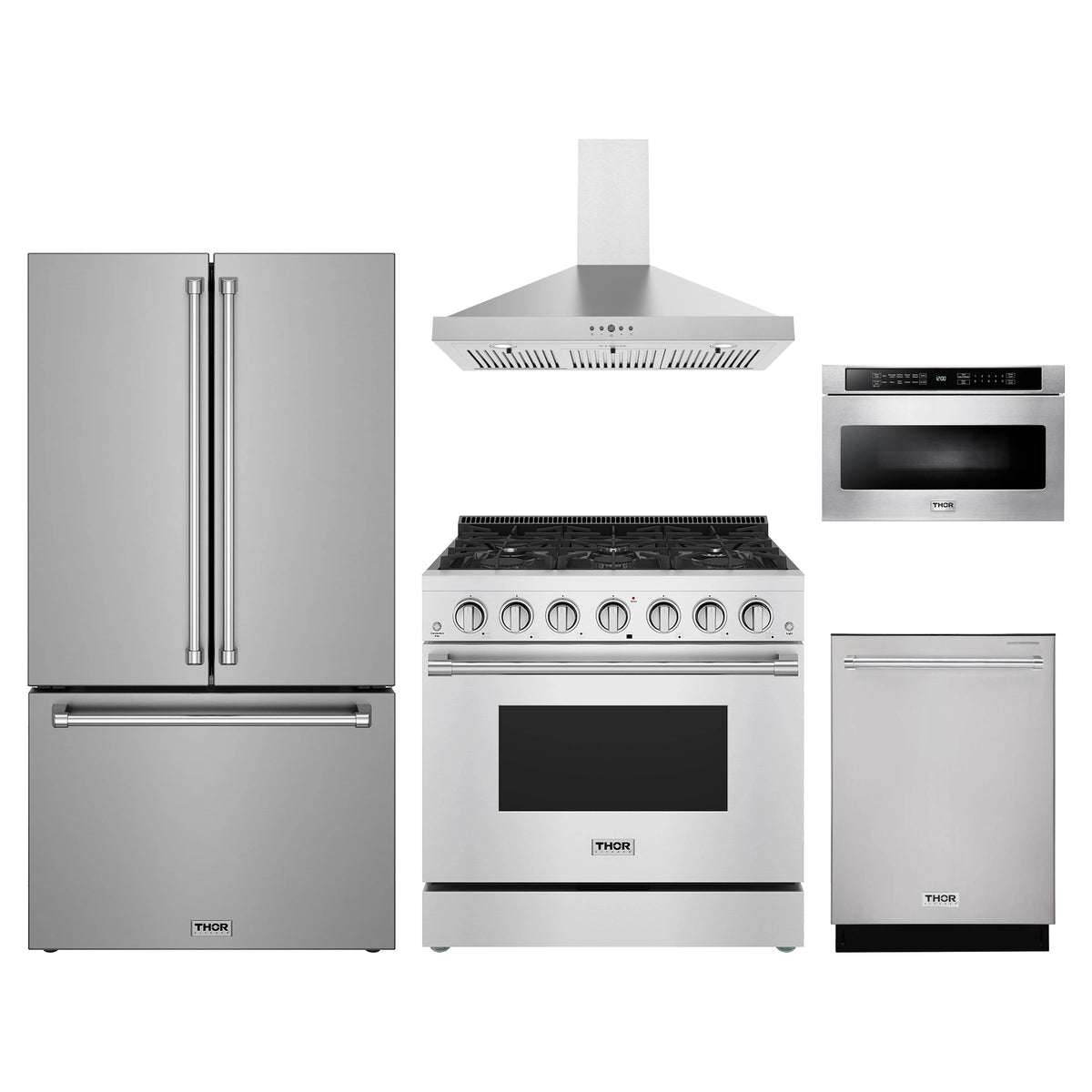 Thor Kitchen 5-Piece Appliance Package - 36-Inch Propane Gas Range, Counter-Depth Refrigerator, Wall Mount Hood, Dishwasher, & Microwave Drawer in Stainless Steel