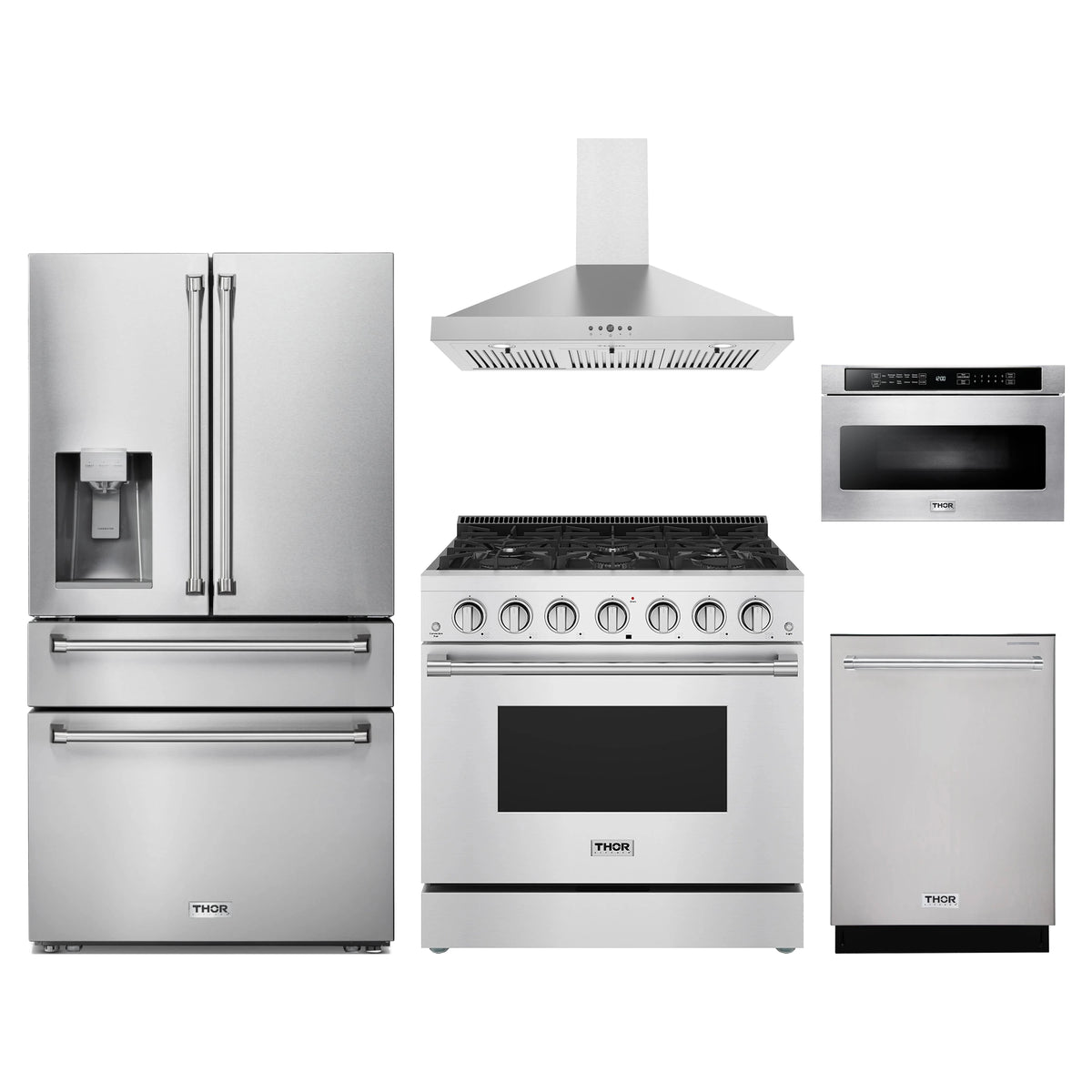 Thor Kitchen 5-Piece Appliance Package - 36-Inch Propane Gas Range, Refrigerator with Water Dispenser, Wall Mount Hood, Dishwasher, & Microwave Drawer in Stainless Steel