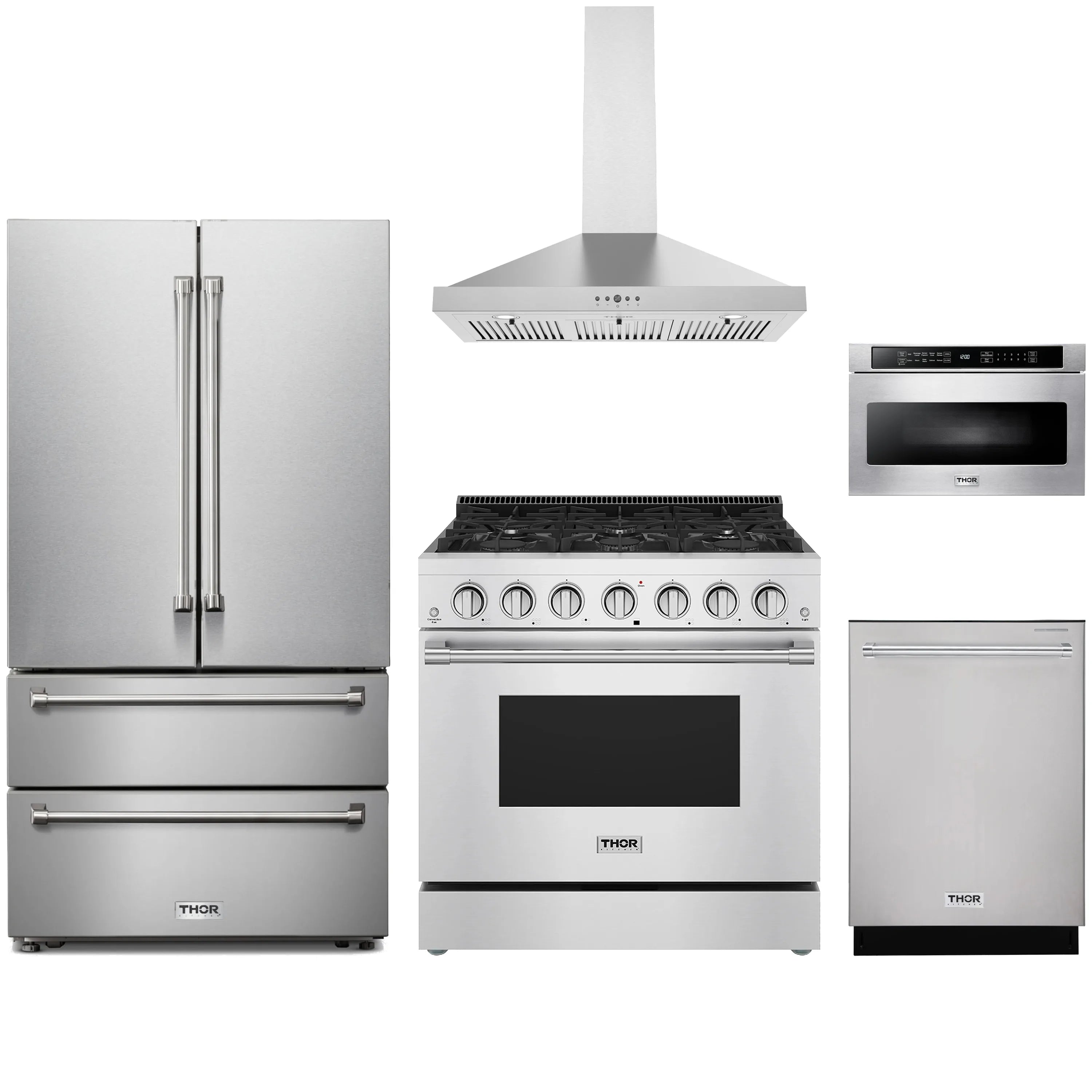 Stainless steel kitchen appliance set with refrigerator, range, hood, and microwave drawer