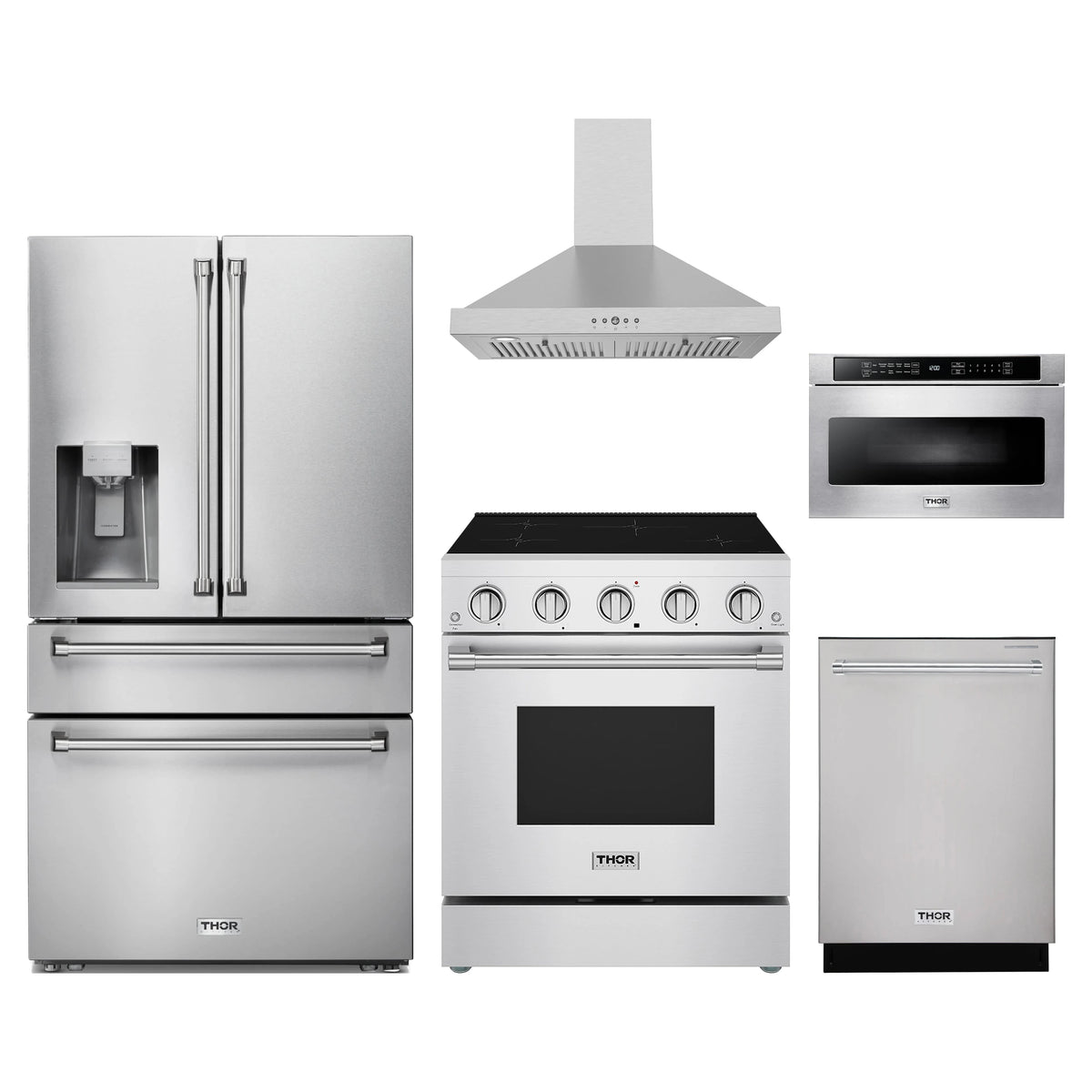 Thor Kitchen 5-Piece Appliance Package - 30-Inch Induction Range, Refrigerator with Water Dispenser, Wall Mount Hood, Dishwasher, & Microwave Drawer in Stainless Steel