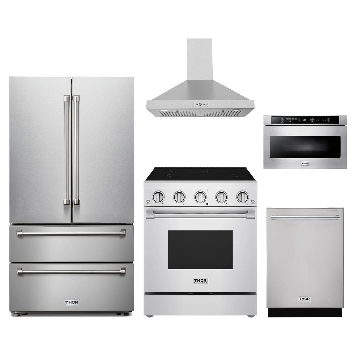 Thor Kitchen 5-Piece Appliance Package - 30-Inch Induction Range, French Door Refrigerator, Wall Mount Hood, Dishwasher, & Microwave Drawer in Stainless Steel