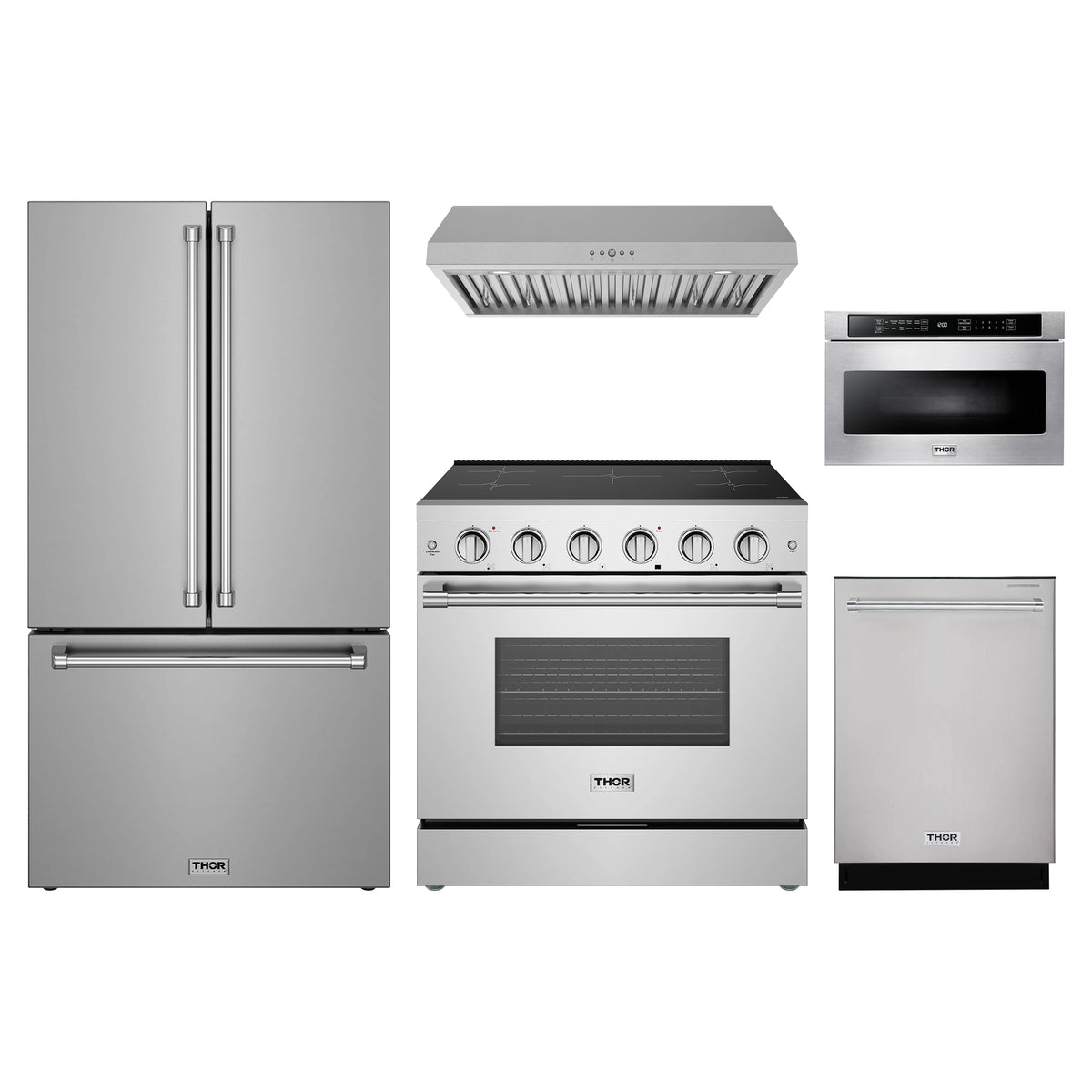 Thor Kitchen 5-Piece Appliance Package - 36-Inch Induction Range, Counter-Depth Refrigerator, Under Cabinet Hood, Dishwasher, & Microwave Drawer in Stainless Steel