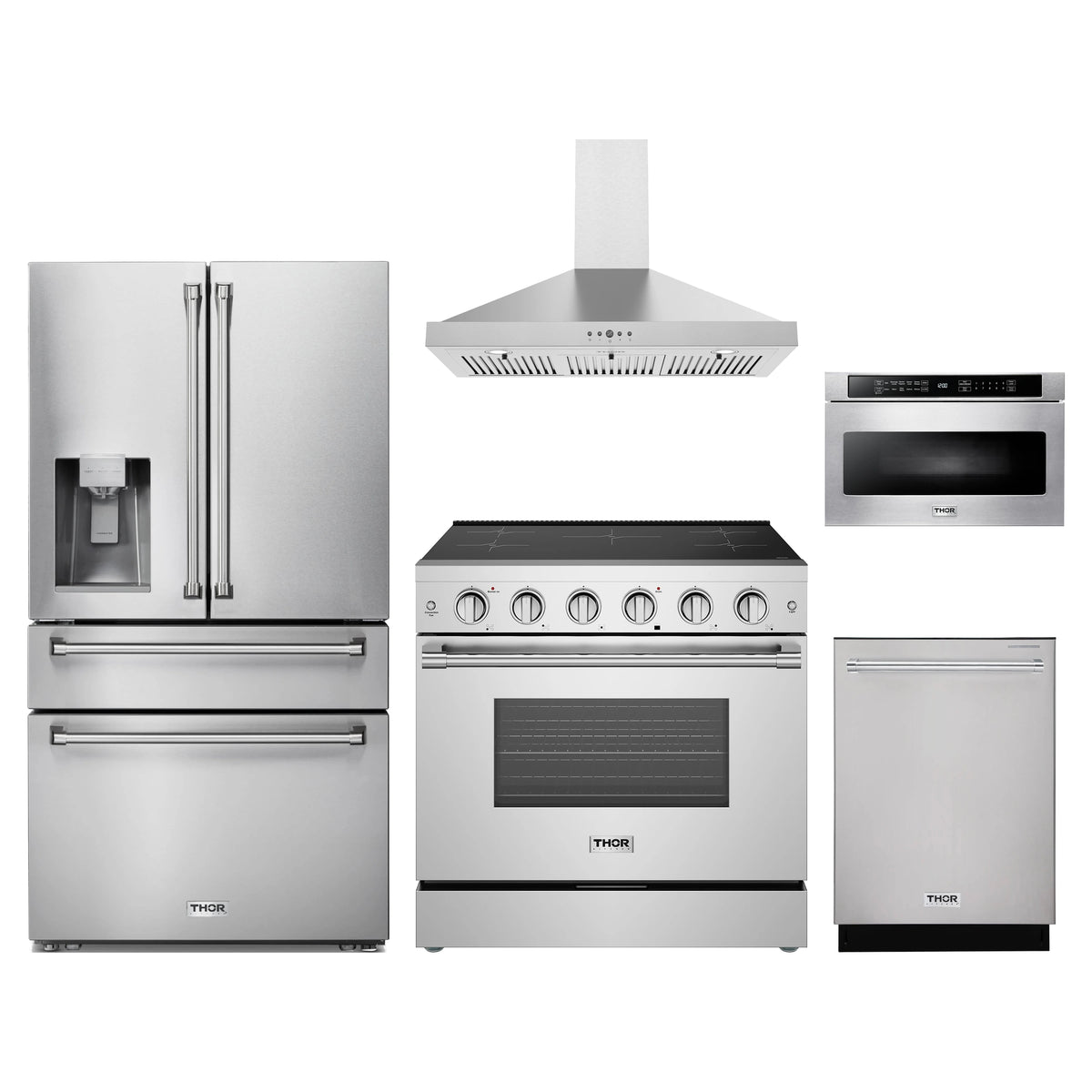 Thor Kitchen 5-Piece Appliance Package - 36-Inch Induction Range, Refrigerator with Water Dispenser, Wall Mount Hood, Dishwasher, & Microwave Drawer in Stainless Steel