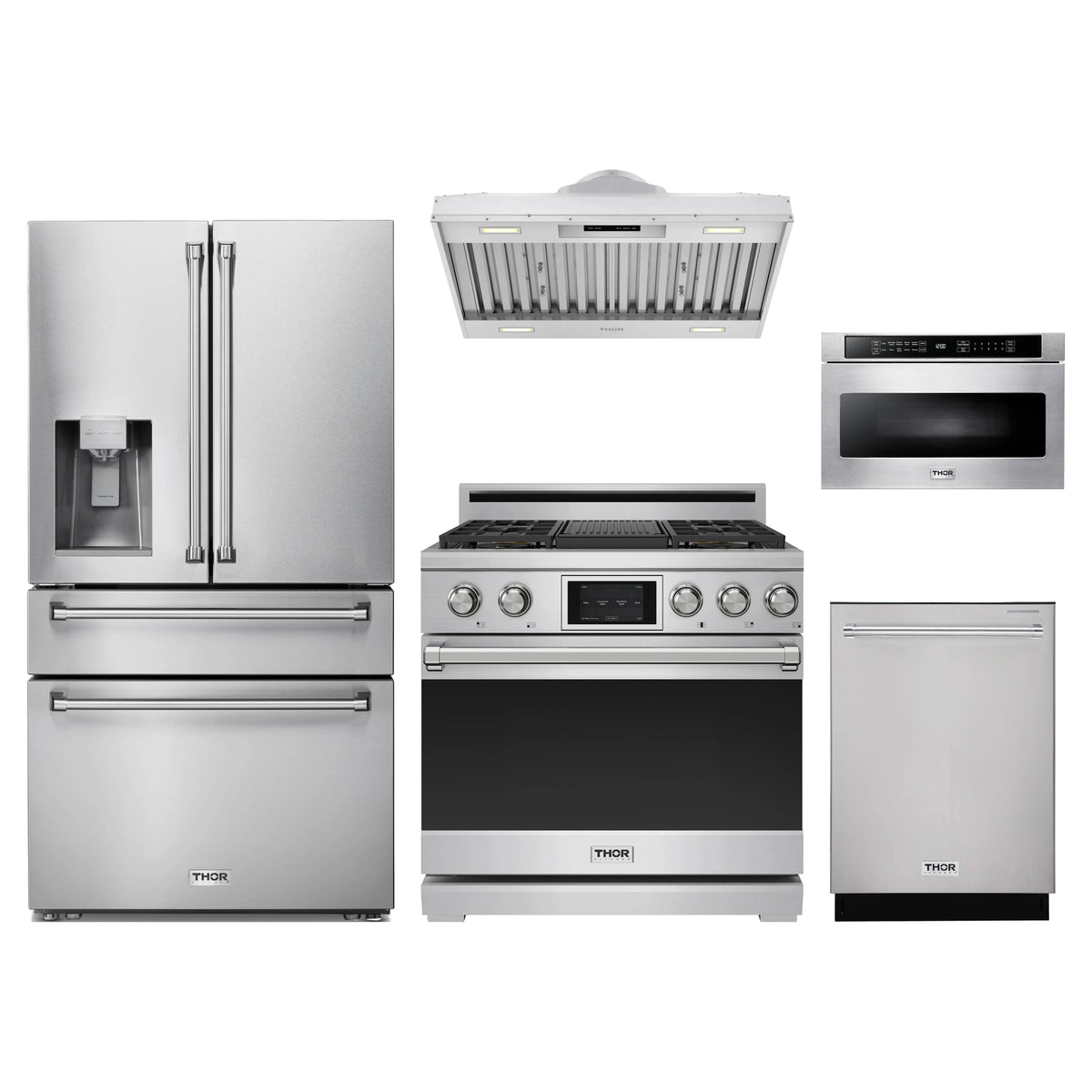 Thor Kitchen 5-Piece Appliance Package - 36-Inch Dual Fuel Range, Refrigerator with Water Dispenser, Hood Insert, Dishwasher, & Microwave Drawer in Stainless Steel