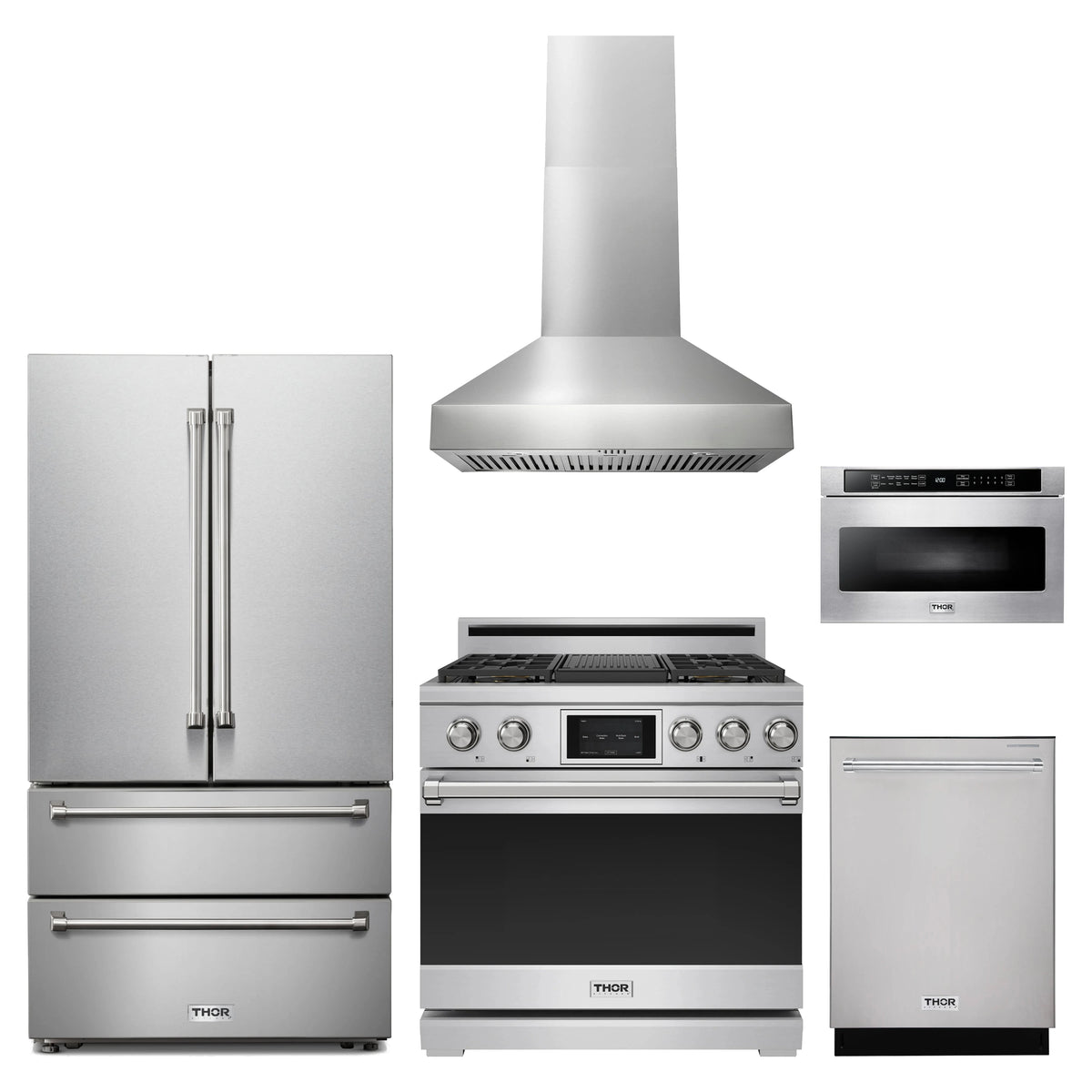Thor Kitchen 5-Piece Appliance Package - 36-Inch Dual Fuel Range, French Door Refrigerator, Wall Mount Hood, Dishwasher, & Microwave Drawer in Stainless Steel