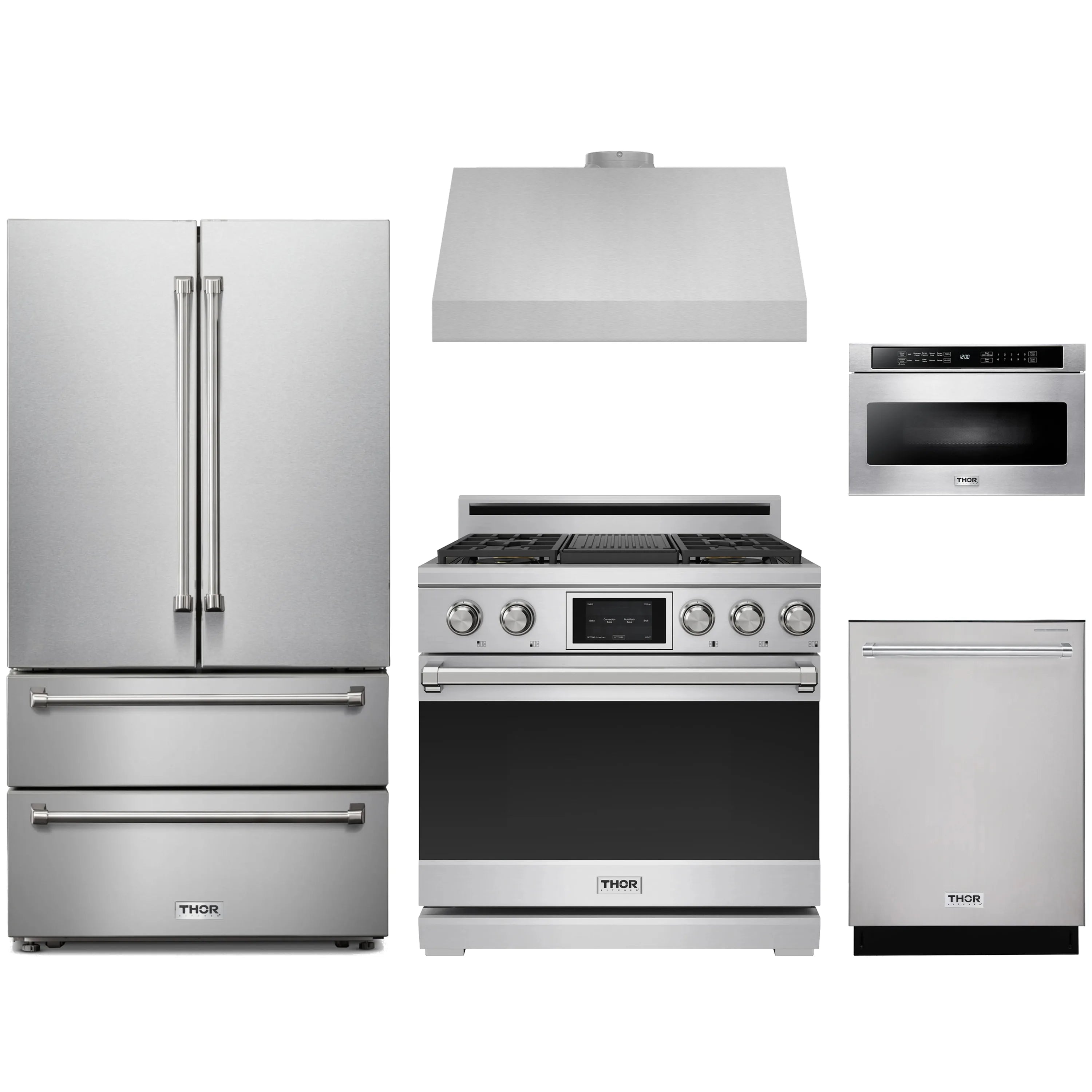 Stainless steel appliance set with refrigerator, range, hood, and microwave