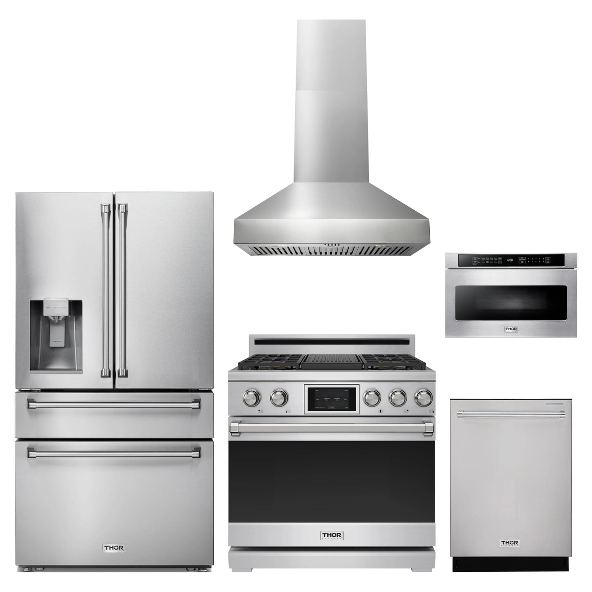 Thor Kitchen 5-Piece Appliance Package - 36-Inch Propane Dual Fuel Range, Refrigerator with Water Dispenser, Wall Mount Hood, Dishwasher, & Microwave Drawer in Stainless Steel