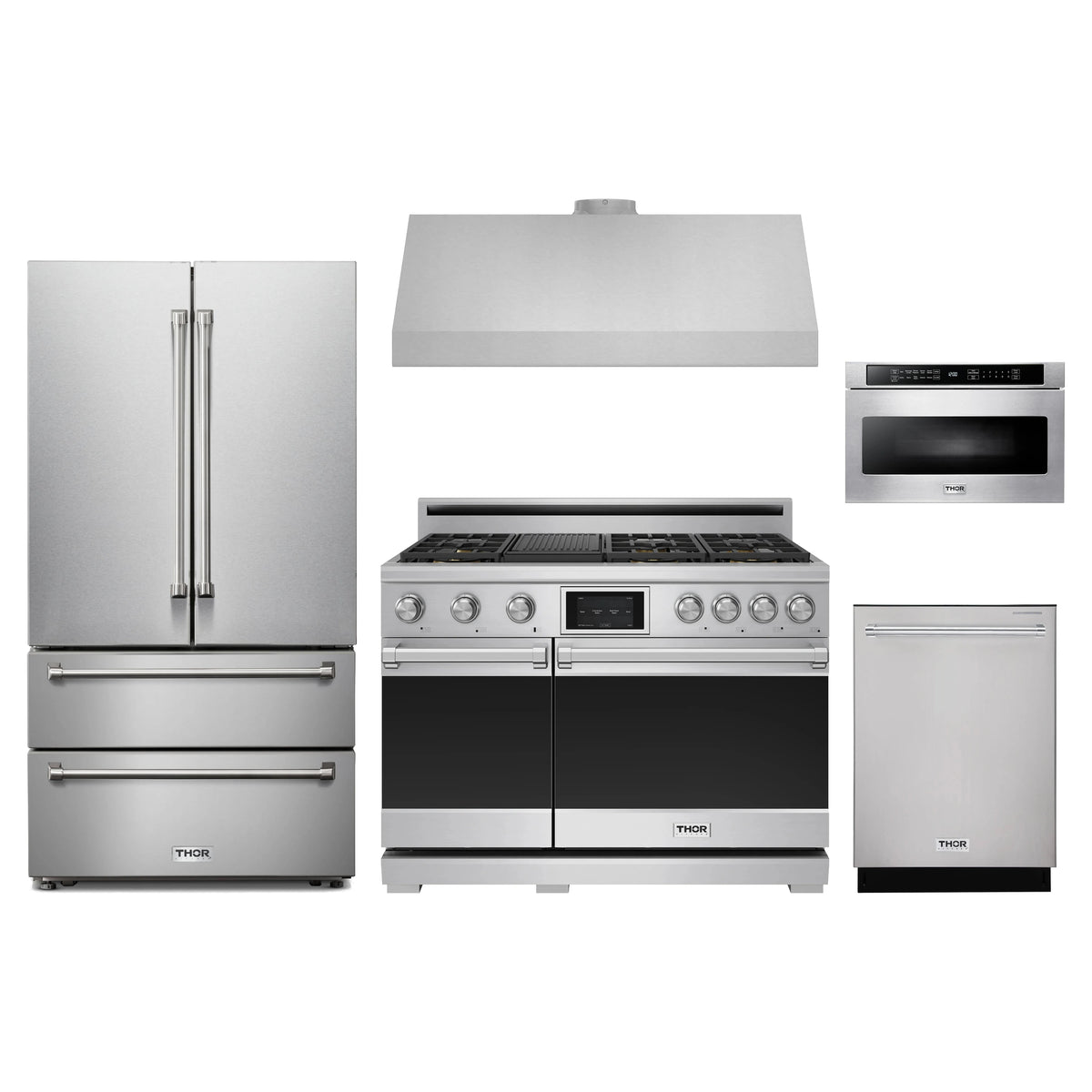 Thor Kitchen 5-Piece Appliance Package - 48-Inch Dual Fuel Range, French Door Refrigerator, Under Cabinet Hood, Dishwasher, & Microwave Drawer in Stainless Steel