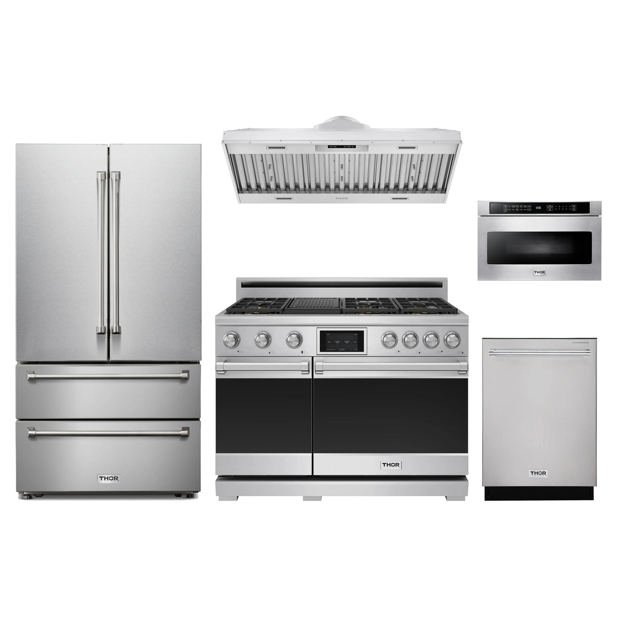 Thor Kitchen 5-Piece Appliance Package - 48-Inch Propane Dual Fuel Range, French Door Refrigerator, Hood Insert, Dishwasher, & Microwave Drawer in Stainless Steel