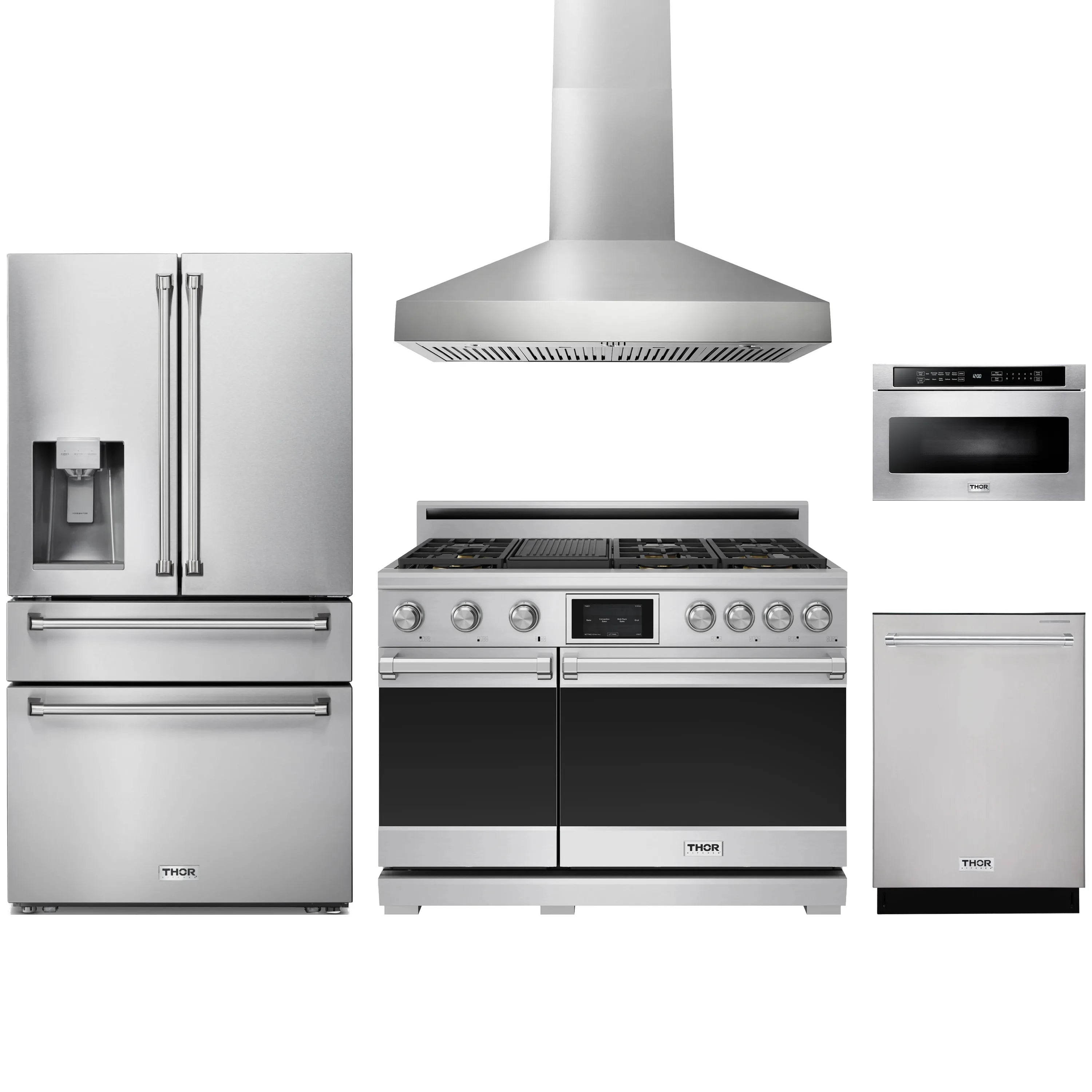 Stainless steel kitchen appliance set with refrigerator, dual-fuel range, hood, and dishwasher