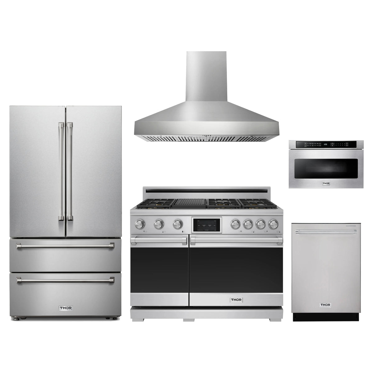 Thor Kitchen 5-Piece Appliance Package - 48-Inch Propane Dual Fuel Range, French Door Refrigerator, Wall Mount Hood, Dishwasher, & Microwave Drawer in Stainless Steel