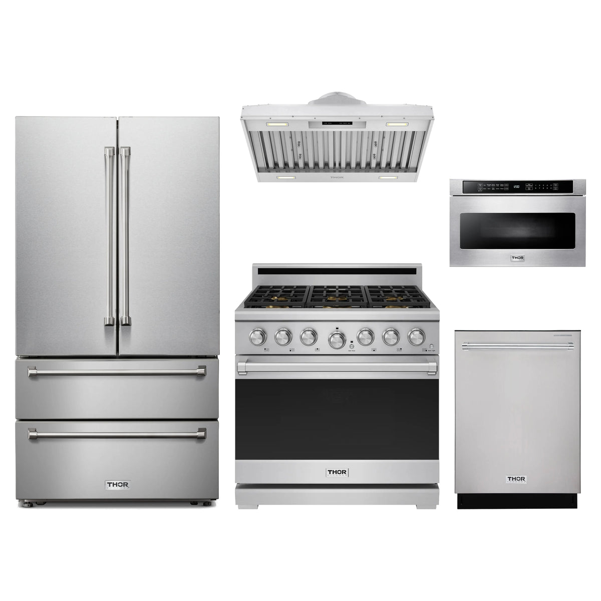 Thor Kitchen 5-Piece Appliance Package - 36-Inch Natural Gas Range, French Door Refrigerator, Hood Insert, Dishwasher, & Microwave Drawer in Stainless Steel