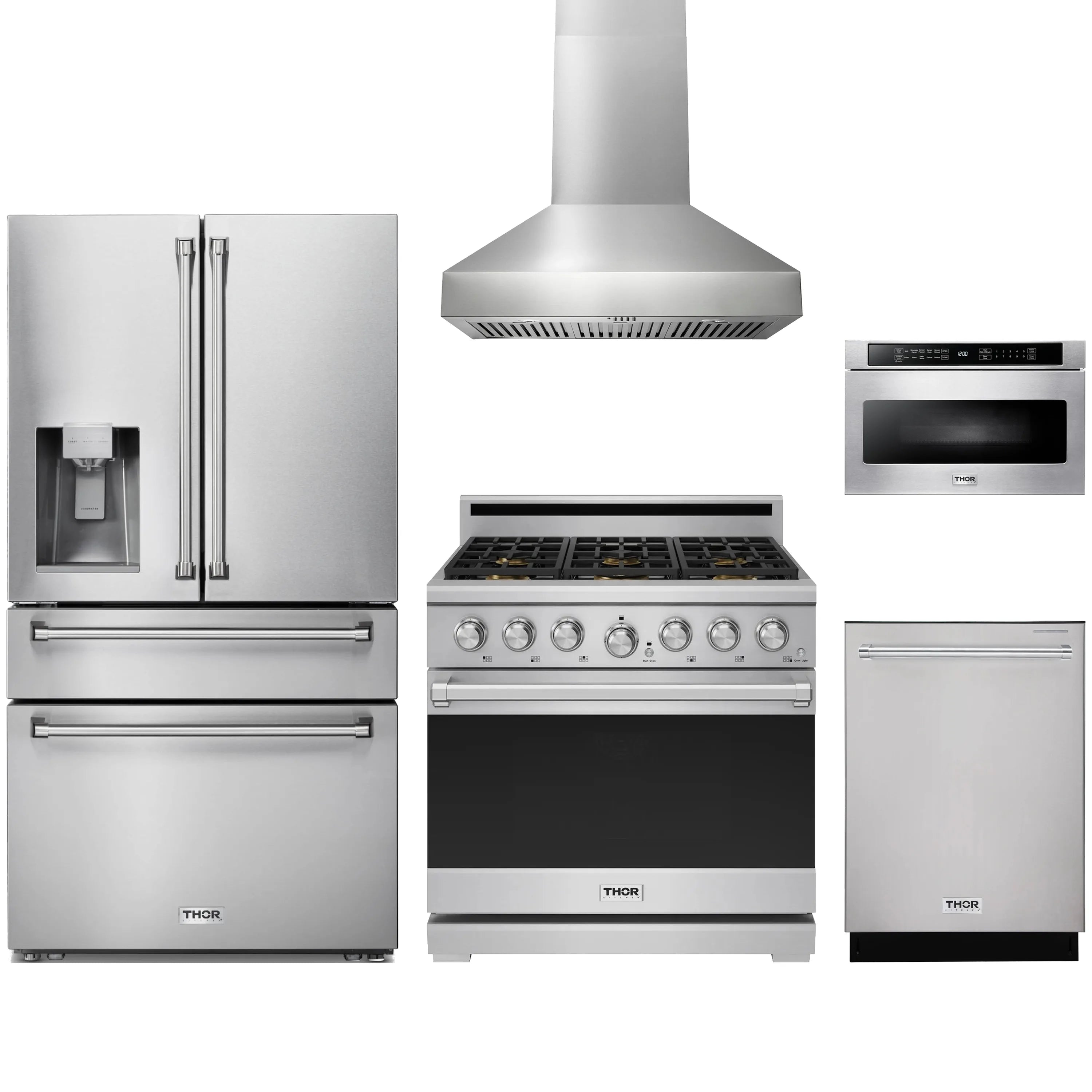 Stainless steel appliance package with refrigerator, range, hood, microwave, dishwasher