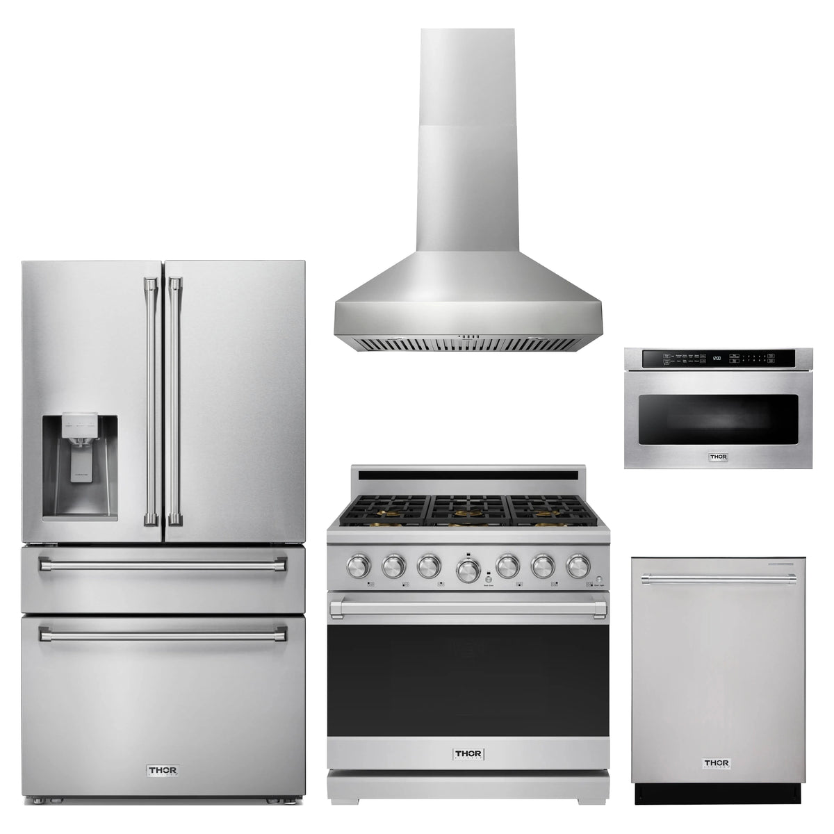 Thor Kitchen 5-Piece Appliance Package - 36-Inch Natural Gas Range, Refrigerator with Water Dispenser, Wall Mount Hood, Dishwasher, & Microwave Drawer in Stainless Steel