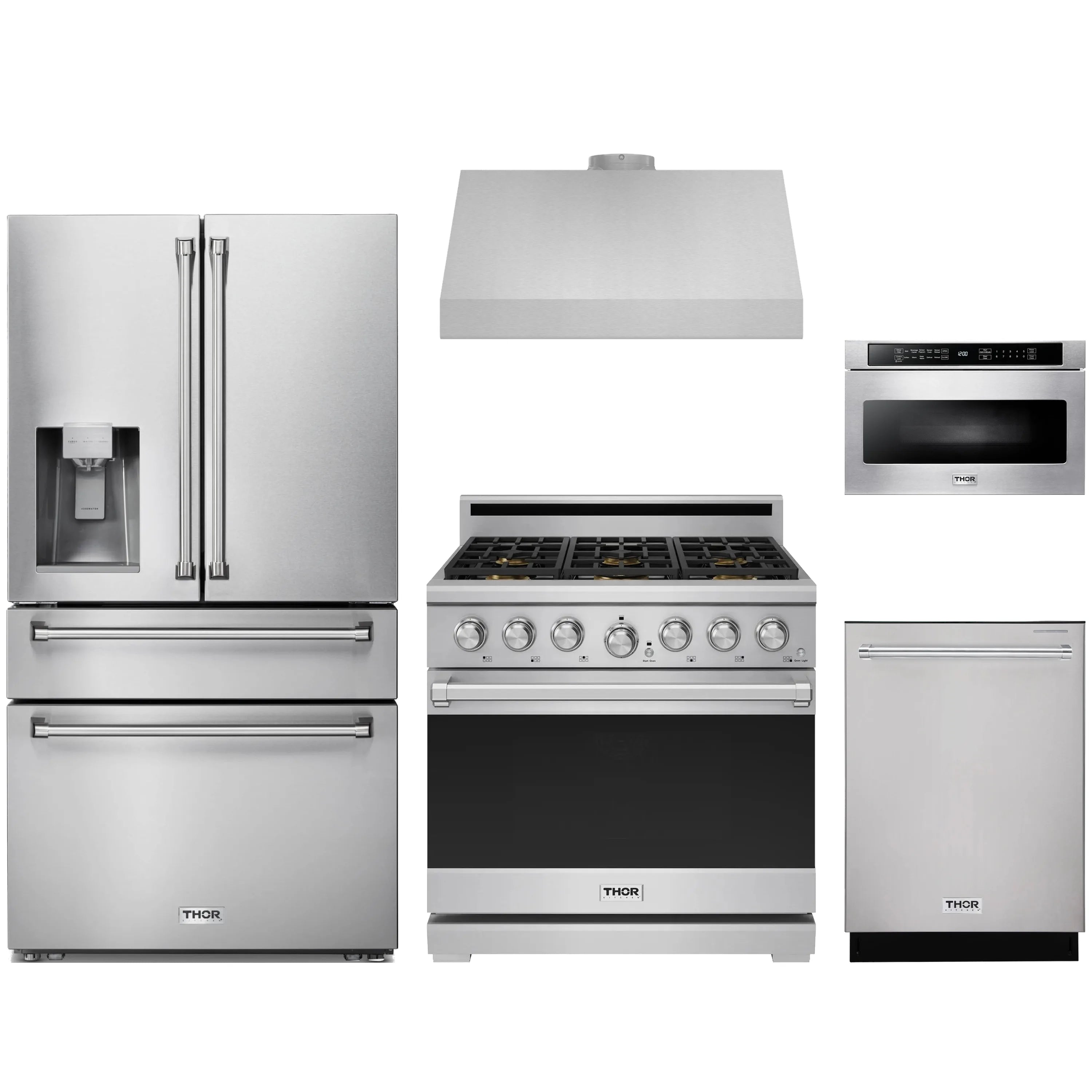 Stainless steel appliance package with refrigerator, gas range, and dishwasher