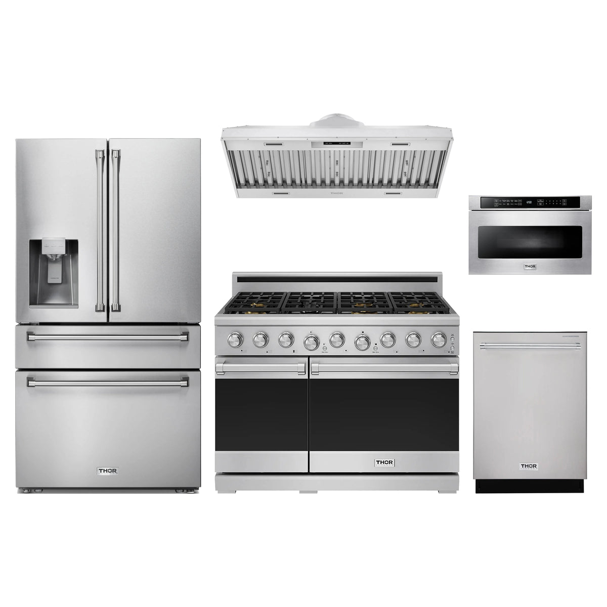 Thor Kitchen 5-Piece Appliance Package - 48-Inch Natural Gas Range, Refrigerator with Water Dispenser, Hood Insert, Dishwasher, & Microwave Drawer in Stainless Steel