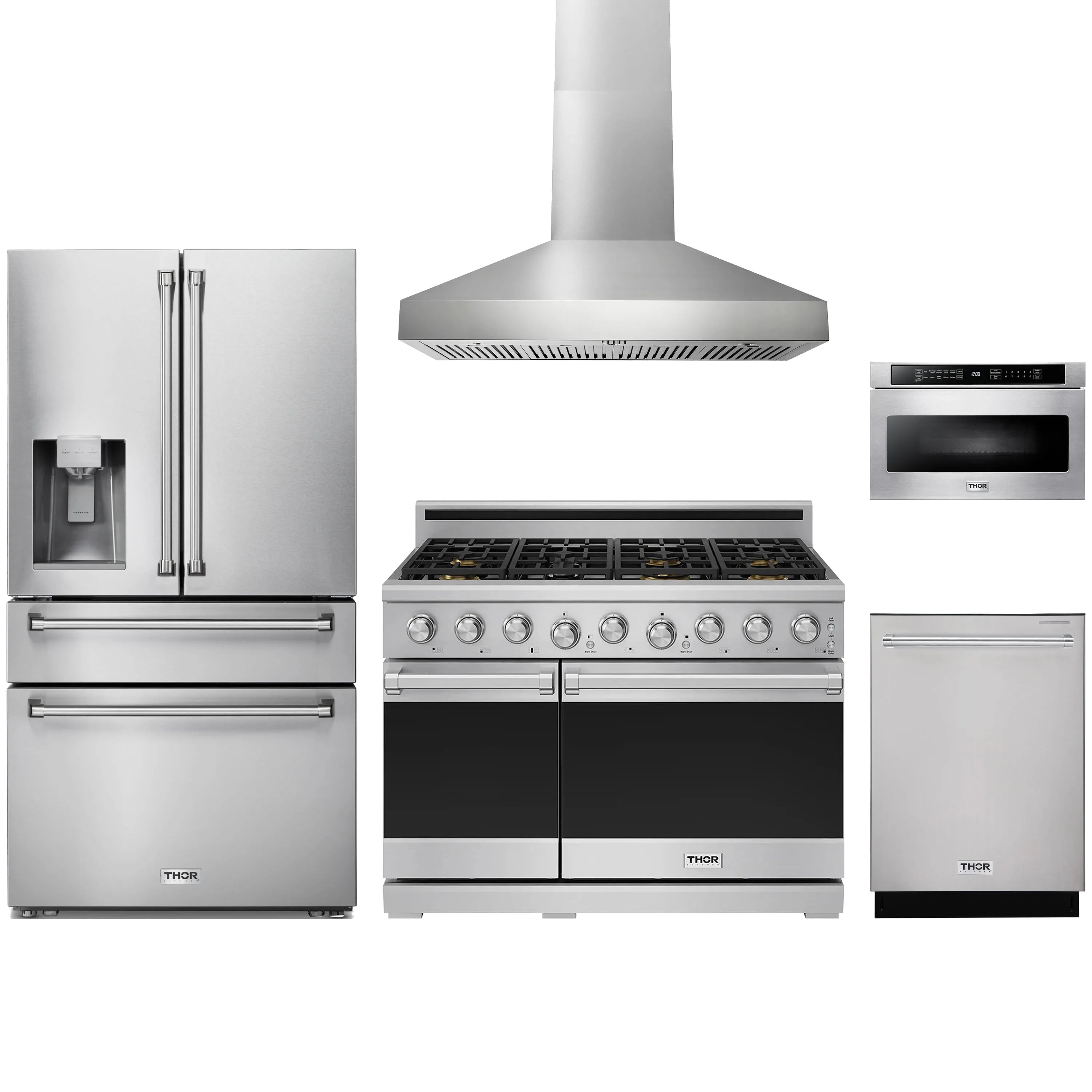 Stainless steel appliance set with refrigerator, wall hood, gas range, dishwasher, microwave