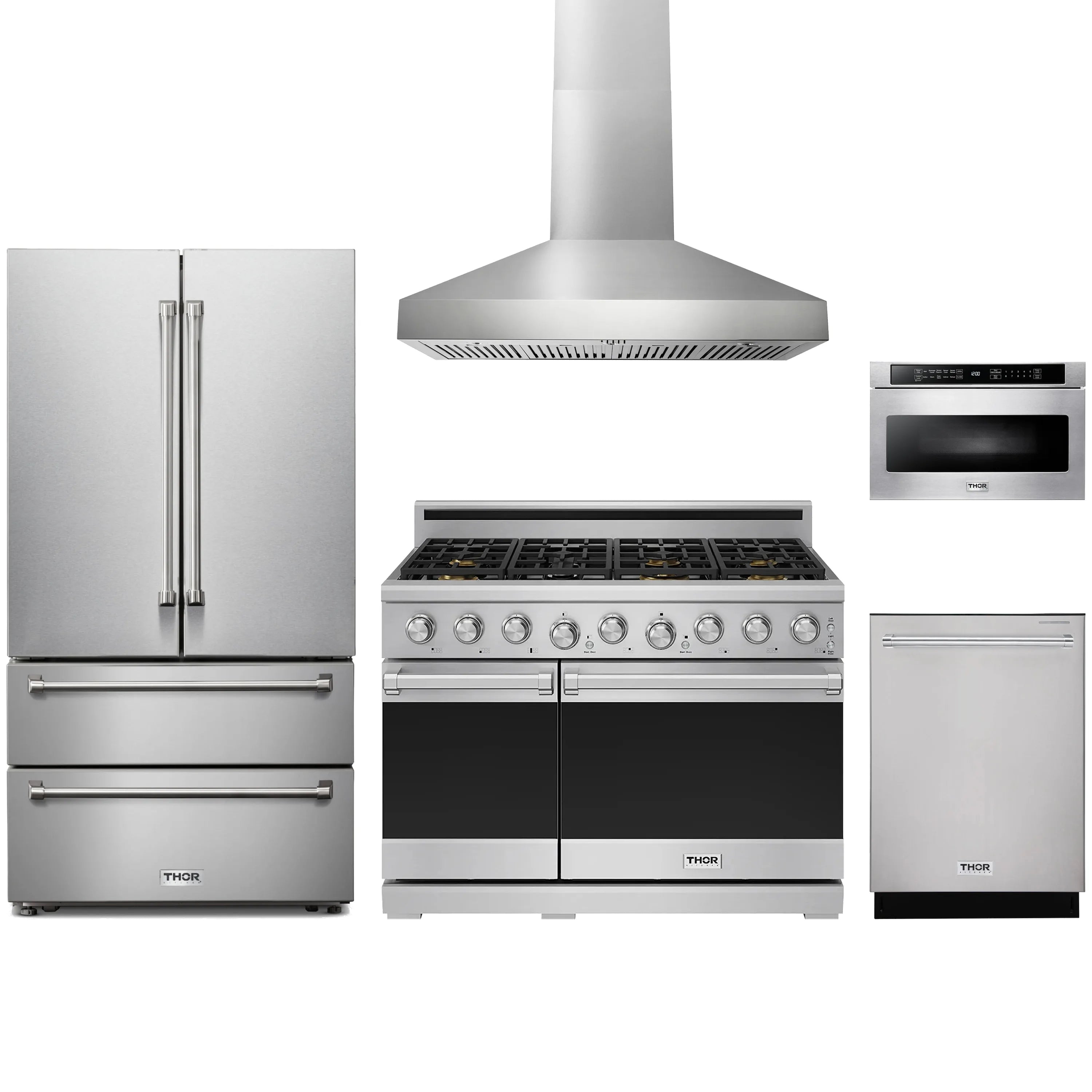 Stainless steel kitchen appliance set with French door refrigerator, range, hood, and dishwasher.