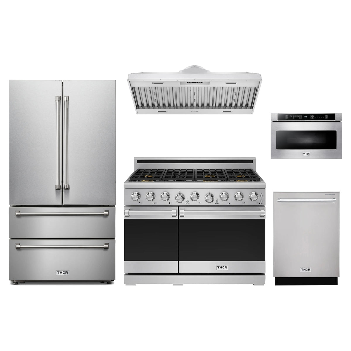 Thor Kitchen 5-Piece Appliance Package - 48-Inch Propane Gas Range, French Door Refrigerator, Hood Insert, Dishwasher, & Microwave Drawer in Stainless Steel