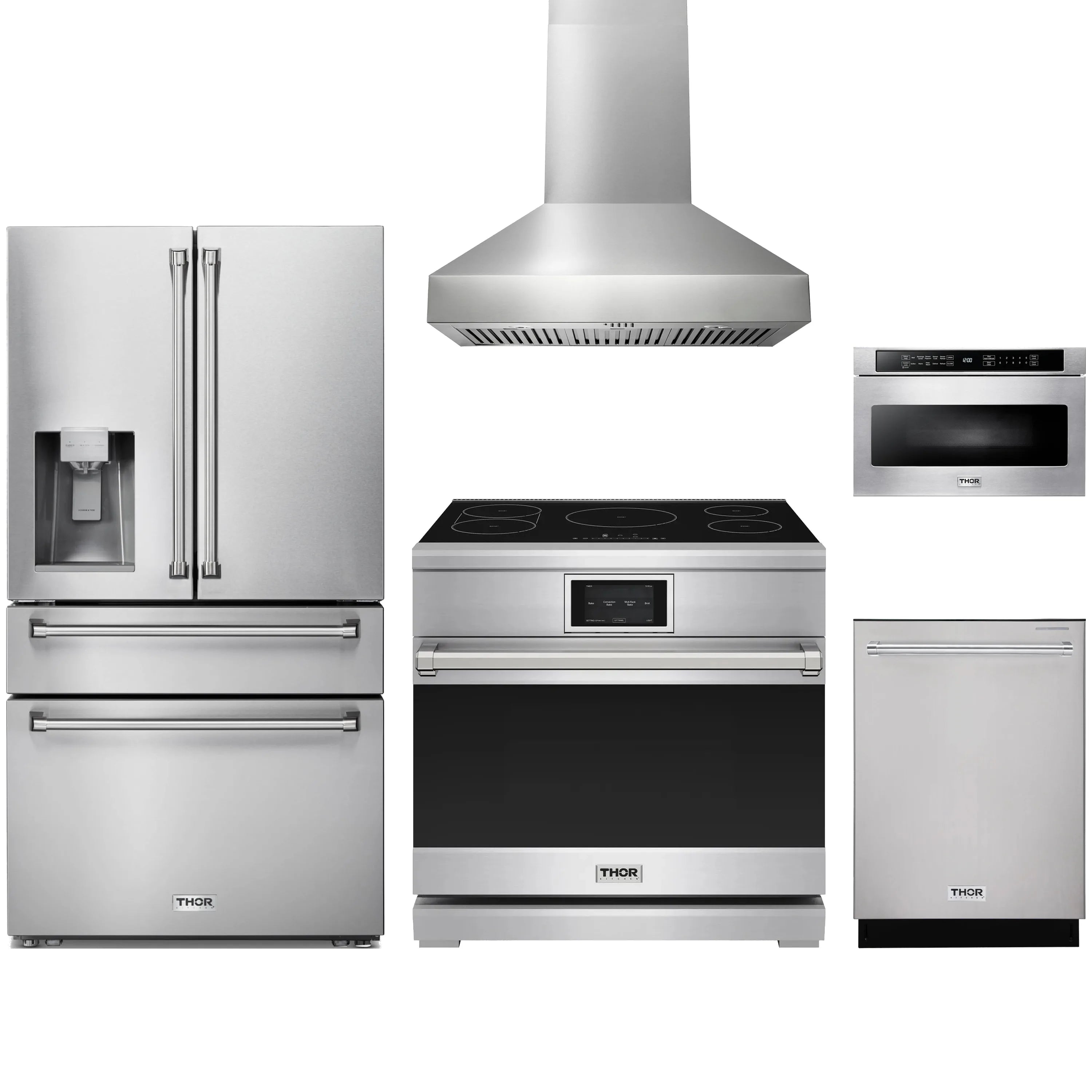 Stainless 5-piece kitchen appliance set with refrigerator, range, hood, microwave drawer dishwasher