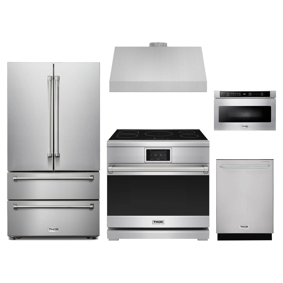 Thor Kitchen 5-Piece Appliance Package - 36-Inch Induction Range, French Door Refrigerator, Under Cabinet Hood, Dishwasher, & Microwave Drawer in Stainless Steel