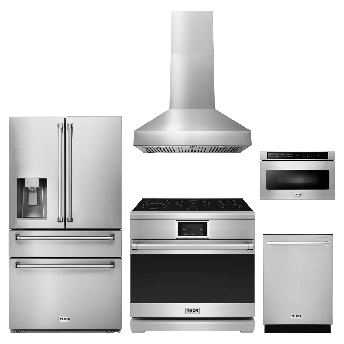 Thor Kitchen 5-Piece Appliance Package - 36-Inch Induction Range, Refrigerator with Water Dispenser, Wall Mount Hood, Dishwasher, & Microwave Drawer in Stainless Steel