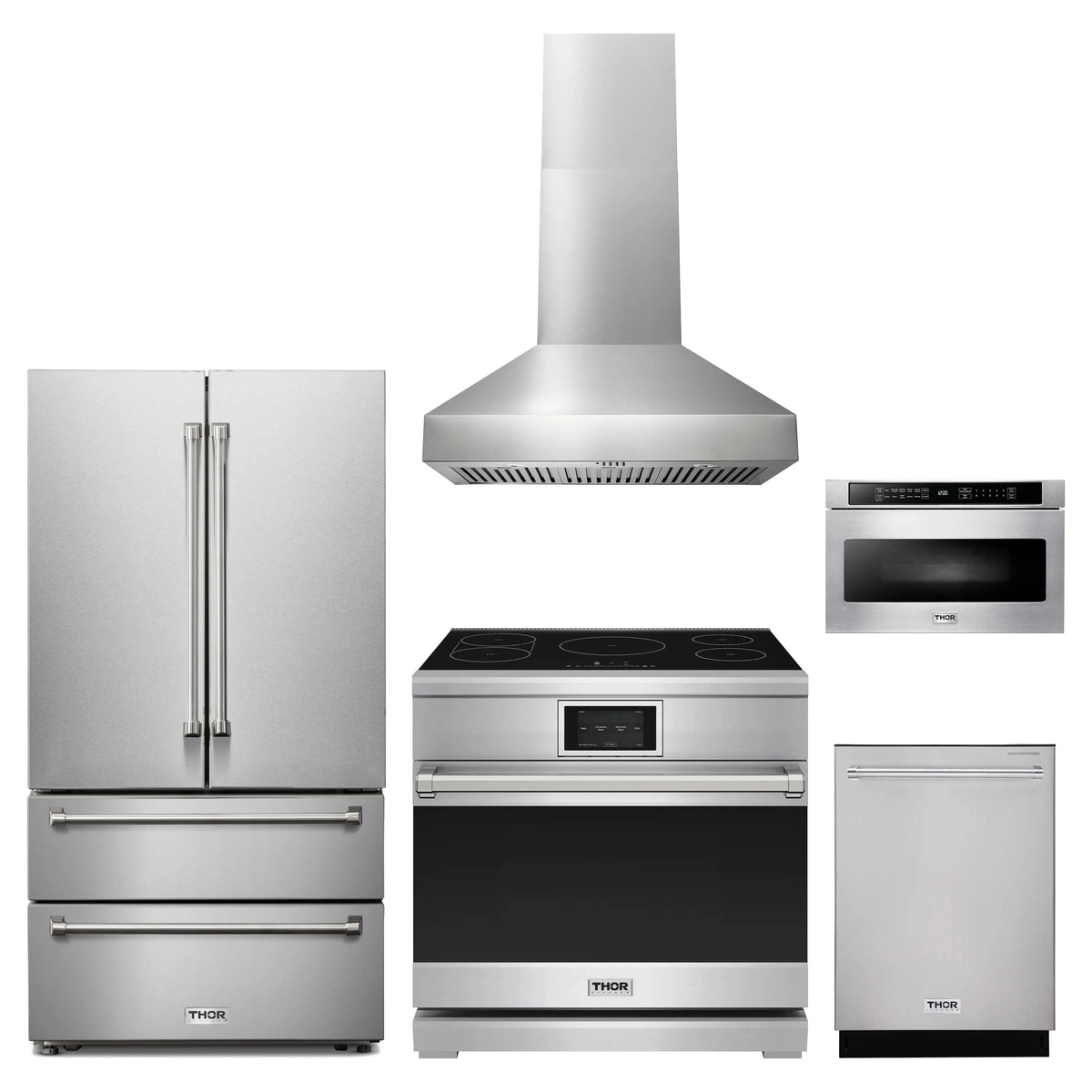Thor Kitchen 5-Piece Appliance Package - 36-Inch Induction Range, French Door Refrigerator, Wall Mount Hood, Dishwasher, & Microwave Drawer in Stainless Steel