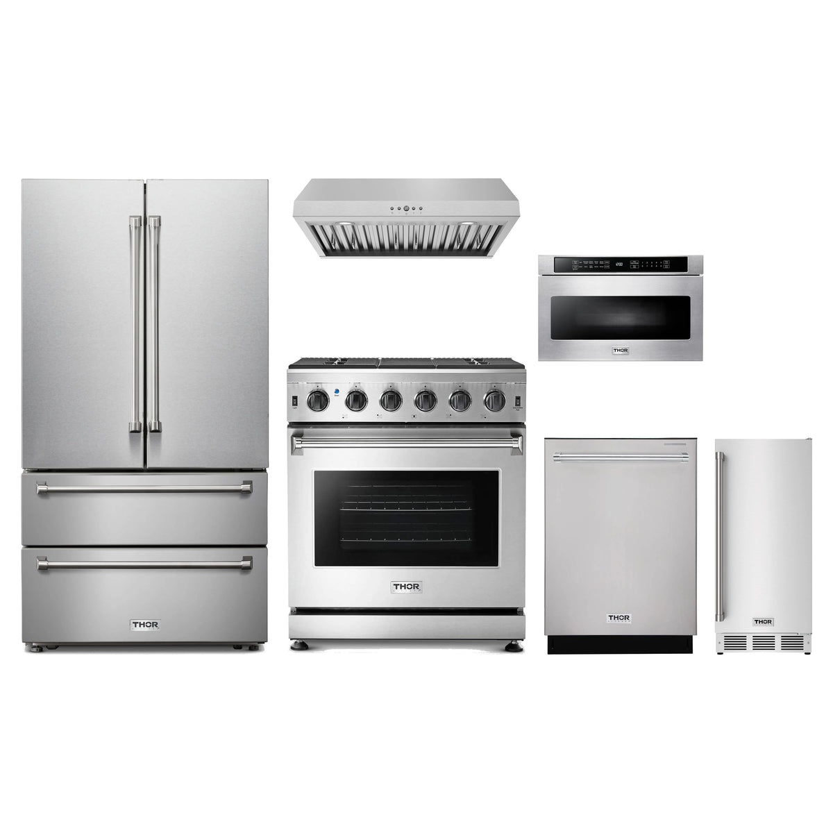 Thor Kitchen 6-Piece Appliance Package - 30-Inch Natural Gas Range, French Door Refrigerator, Under Cabinet Hood, Dishwasher, Microwave Drawer, & Ice Maker in Stainless Steel