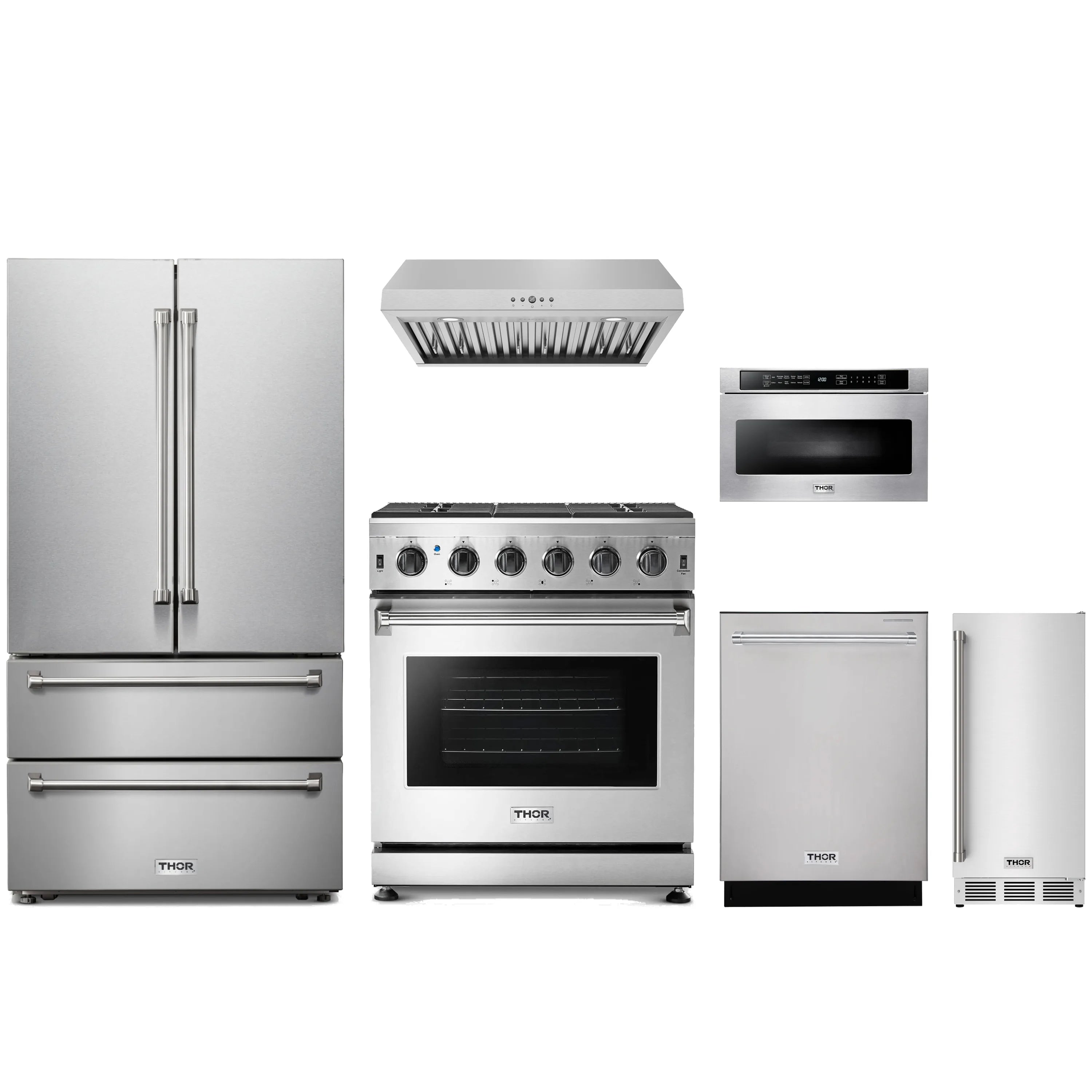 Stainless steel THOR kitchen appliance package with refrigerator, range, hood, and dishwasher