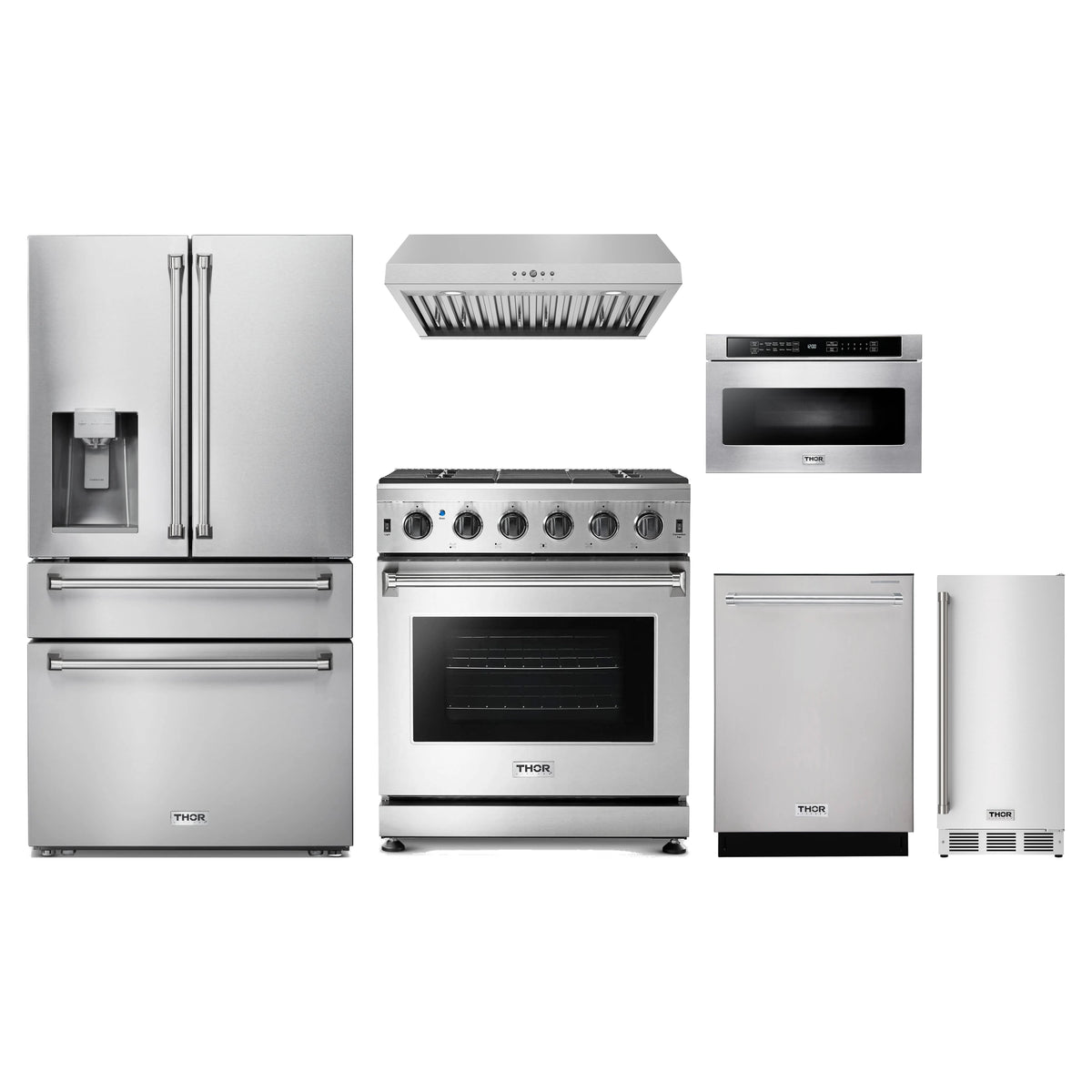 Thor Kitchen 6-Piece Appliance Package - 30-Inch Natural Gas Range, Refrigerator with Water Dispenser, Under Cabinet Hood, Dishwasher, Microwave Drawer, & Ice Maker in Stainless Steel